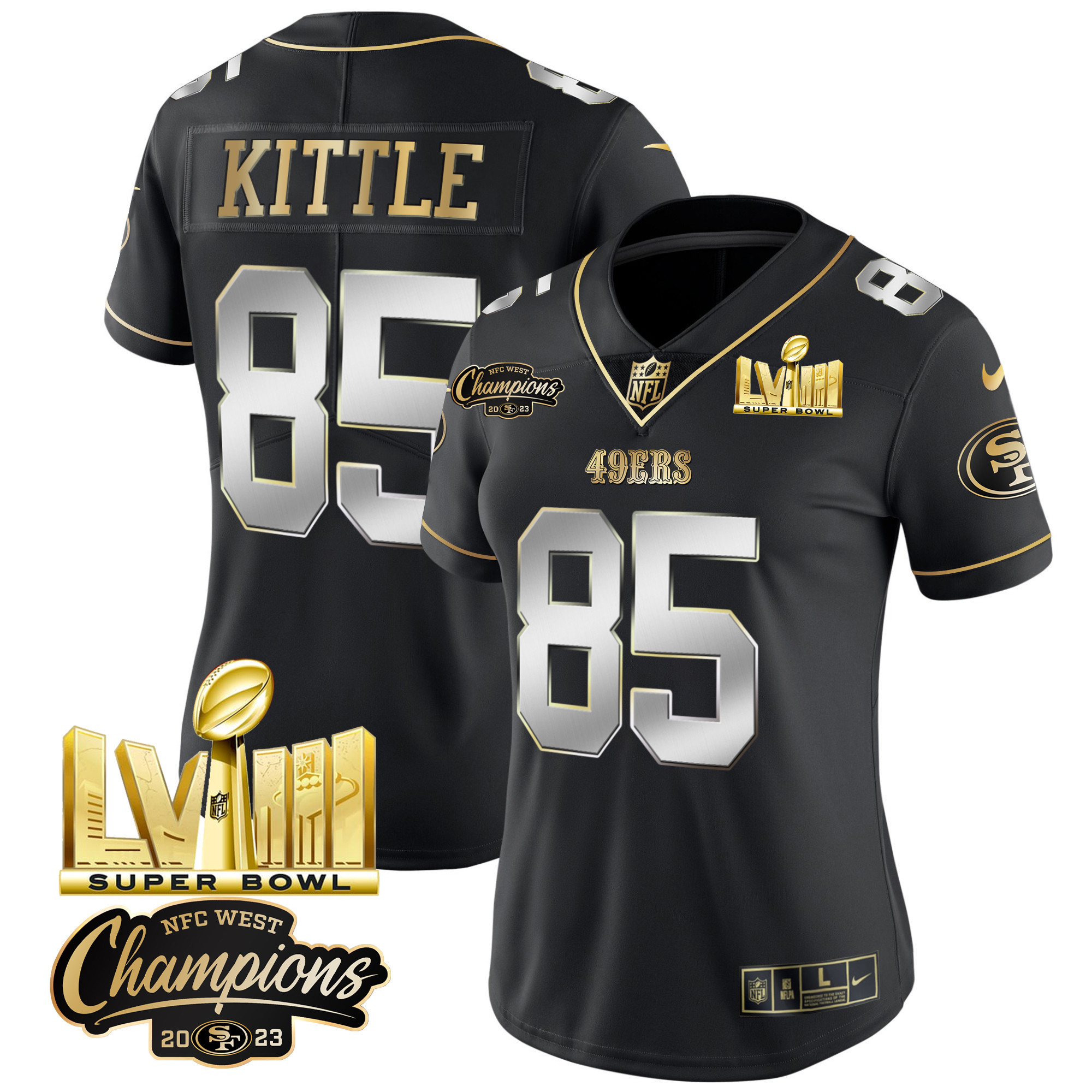 Women's 49ers NFC West Champions & Super Bowl LVIII Gold Patch Vapor Jersey V2 - All Stitched - Image 34
