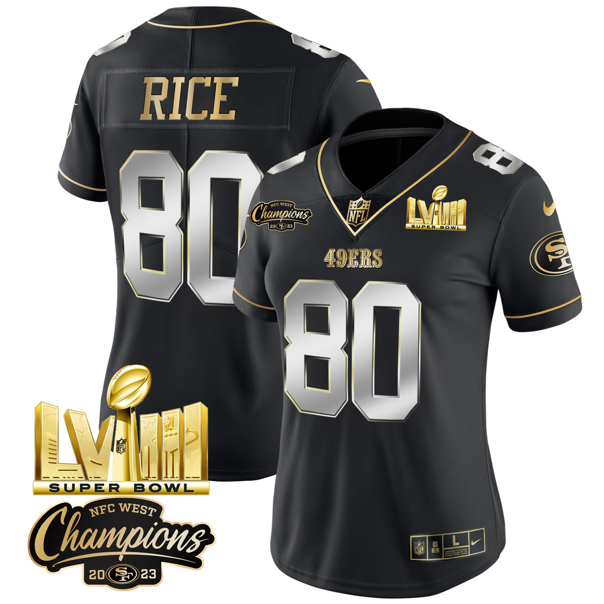 Women's 49ers NFC West Champions & Super Bowl LVIII Gold Patch Vapor Jersey V2 - All Stitched - Image 36
