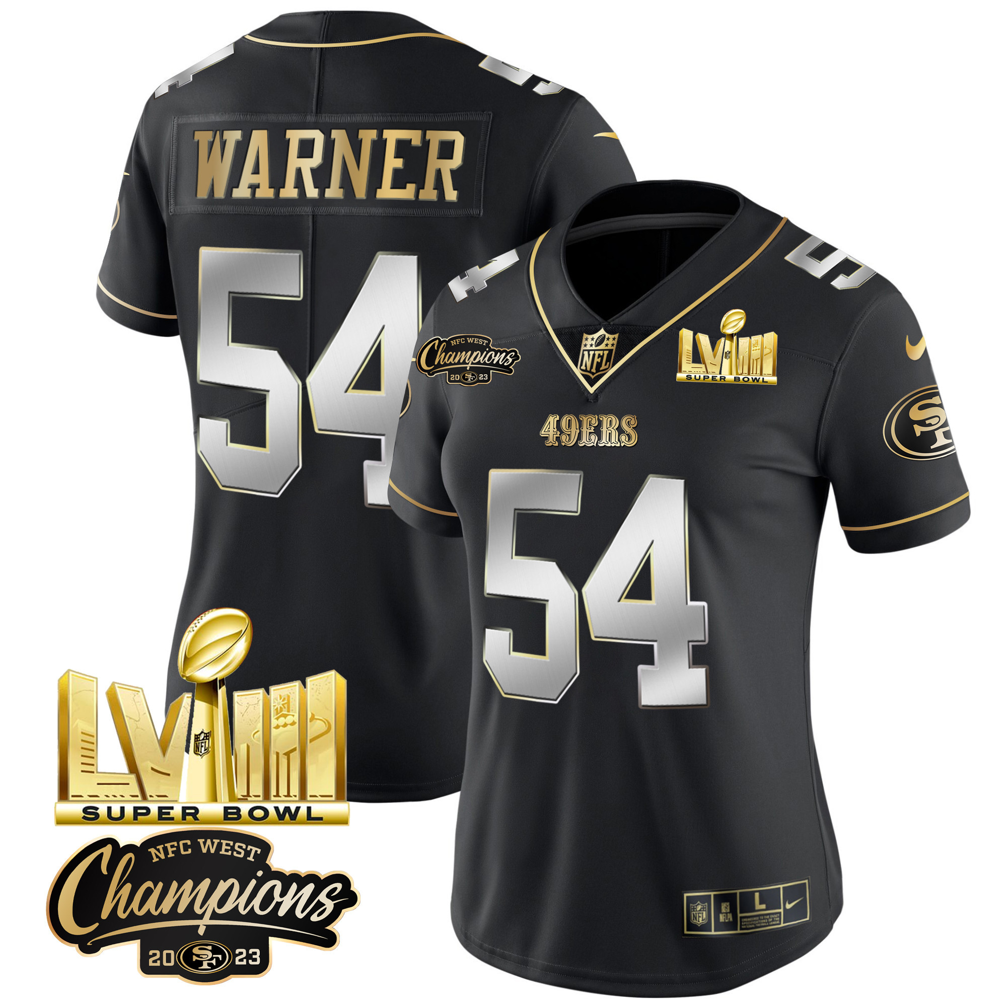 Women's 49ers NFC West Champions & Super Bowl LVIII Gold Patch Vapor Jersey V2 - All Stitched - Image 35