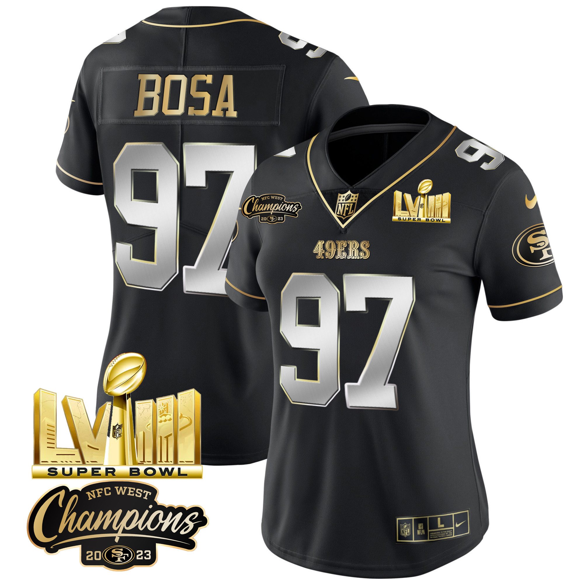 Women's 49ers NFC West Champions & Super Bowl LVIII Gold Patch Vapor Jersey V2 - All Stitched - Image 37