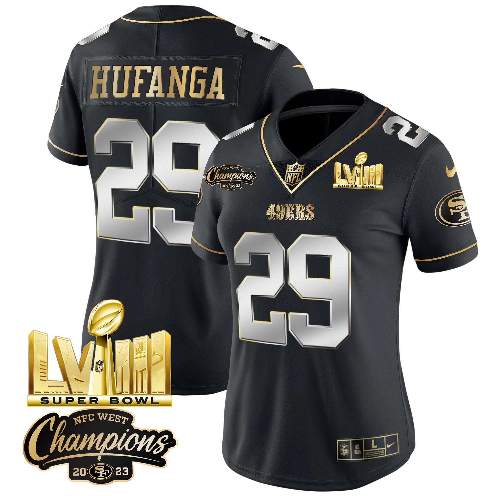 Women's 49ers NFC West Champions & Super Bowl LVIII Gold Patch Vapor Jersey V2 - All Stitched - Image 40