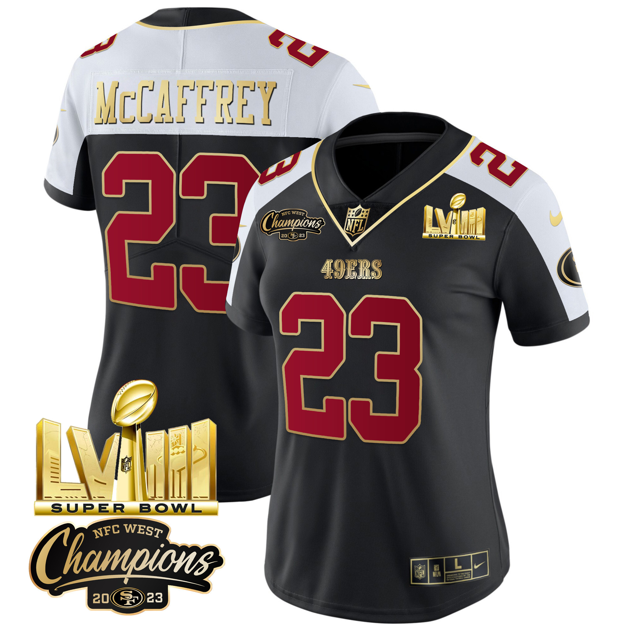 Women's 49ers NFC West Champions & Super Bowl LVIII Gold Patch Vapor Jersey V2 - All Stitched