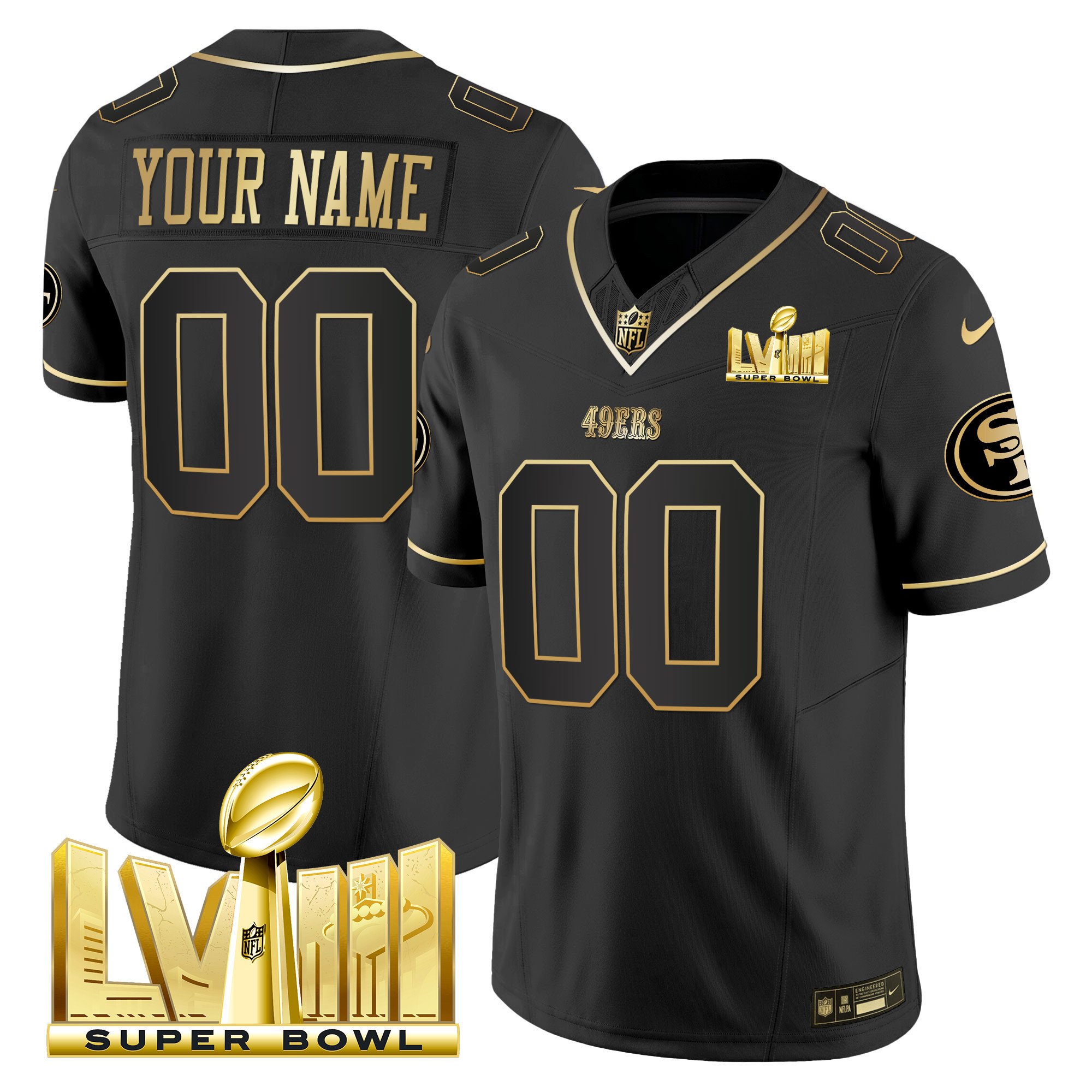 49ers Super Bowl LVIII Gold Patch Vapor Custom Jersey V2 - All Stitched - Image 2