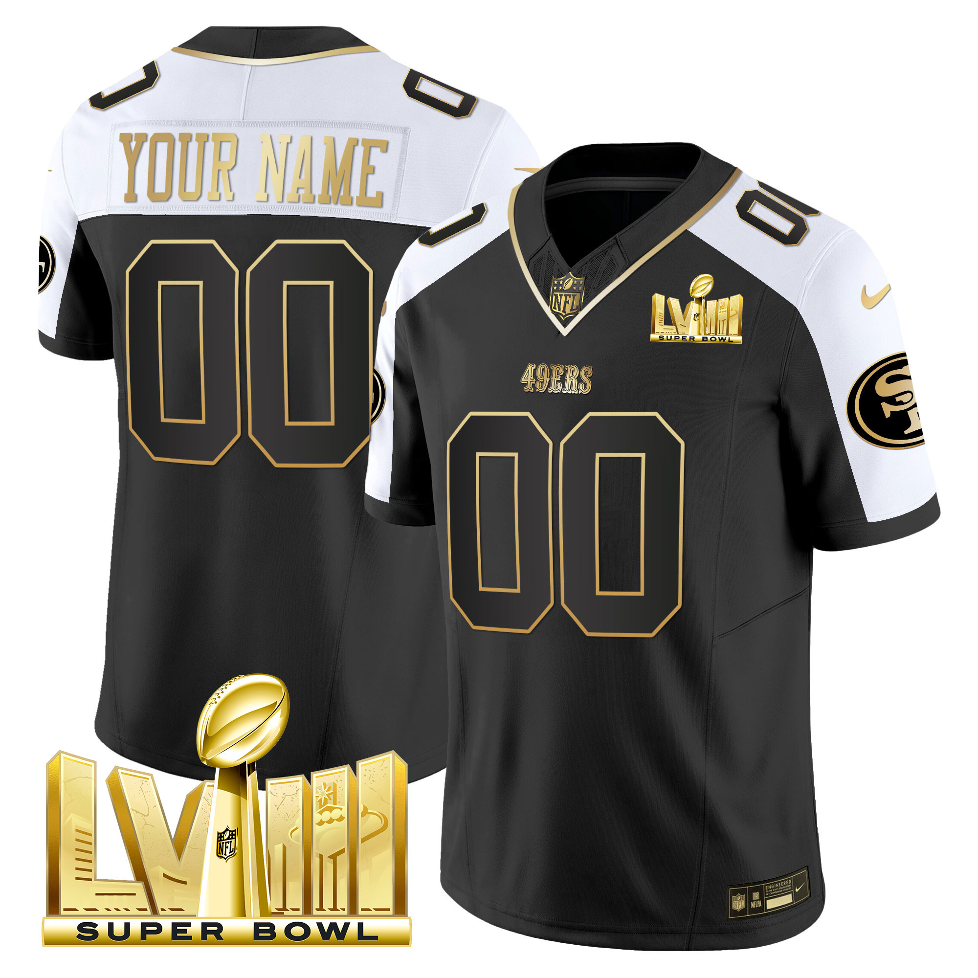 49ers Super Bowl LVIII Gold Patch Vapor Custom Jersey V2 - All Stitched