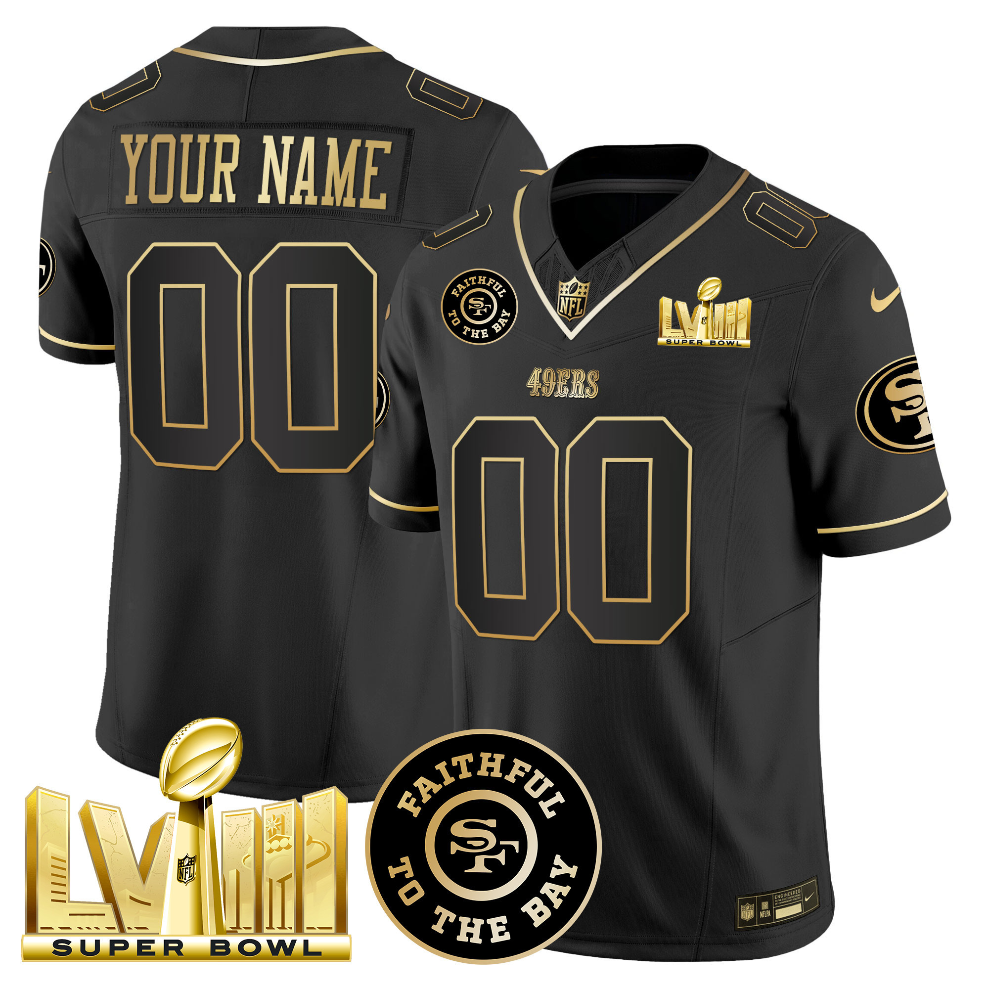 49ers Faithful & Super Bowl LVIII Gold Patch Vapor Custom Jersey V2 - All Stitched - Image 2