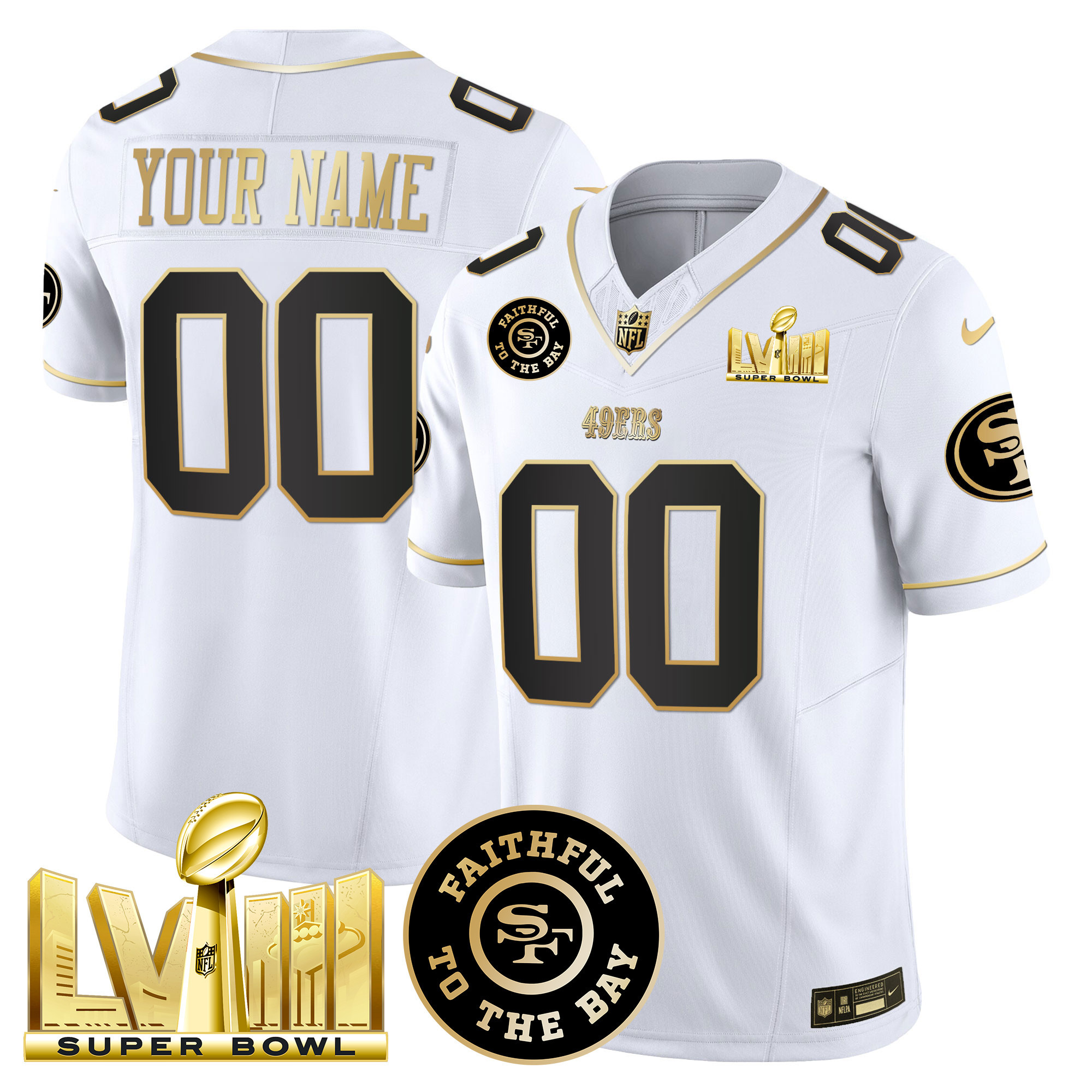 49ers Faithful & Super Bowl LVIII Gold Patch Vapor Custom Jersey V2 - All Stitched - Image 3