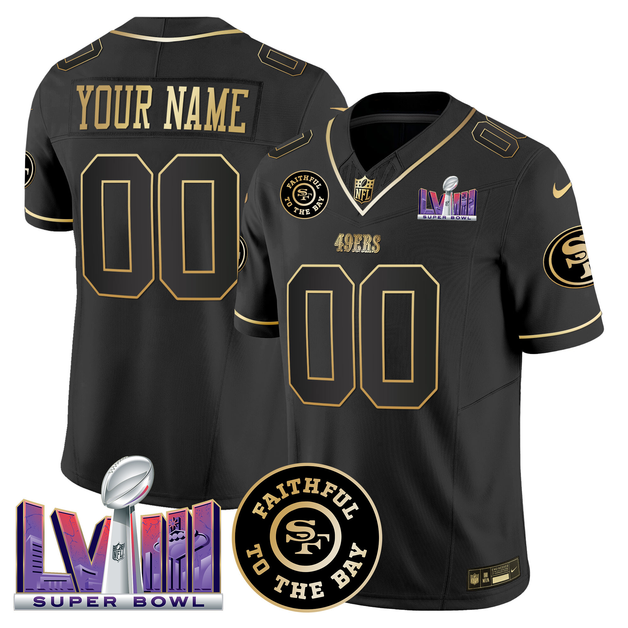 49ers Faithful & Super Bowl LVIII Patch Vapor Custom Jersey V2 - All Stitched - Image 2