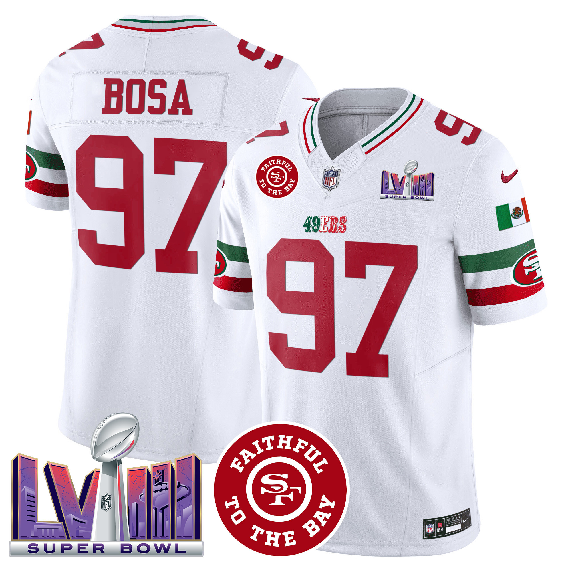 Men's 49ers Mexico Faithful & Super Bowl LVIII Patch Vapor Jersey - All Stitched - Image 7