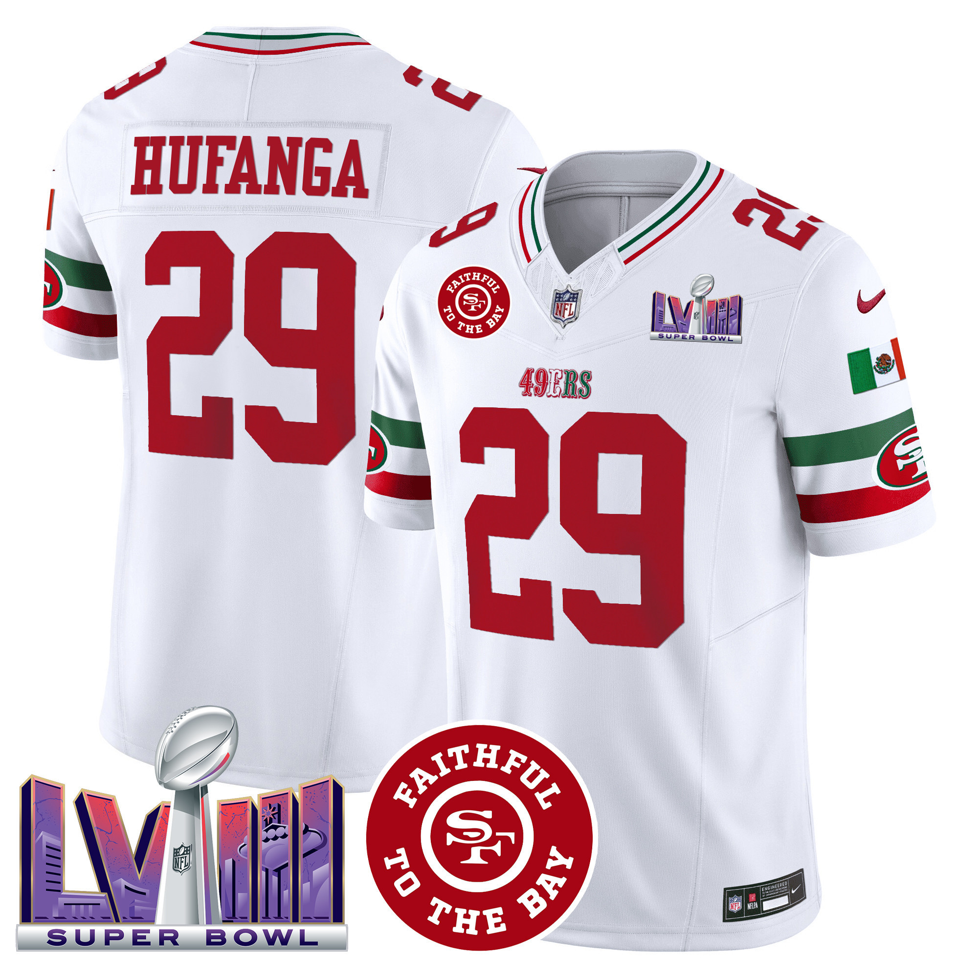 Men's 49ers Mexico Faithful & Super Bowl LVIII Patch Vapor Jersey - All Stitched - Image 10