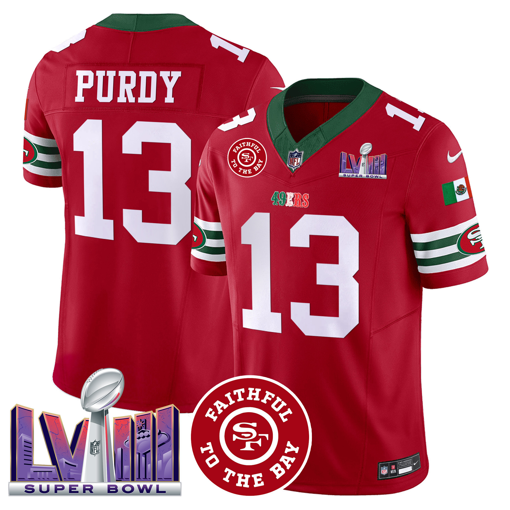 Men's 49ers Mexico Faithful & Super Bowl LVIII Patch Vapor Jersey - All Stitched - Image 14