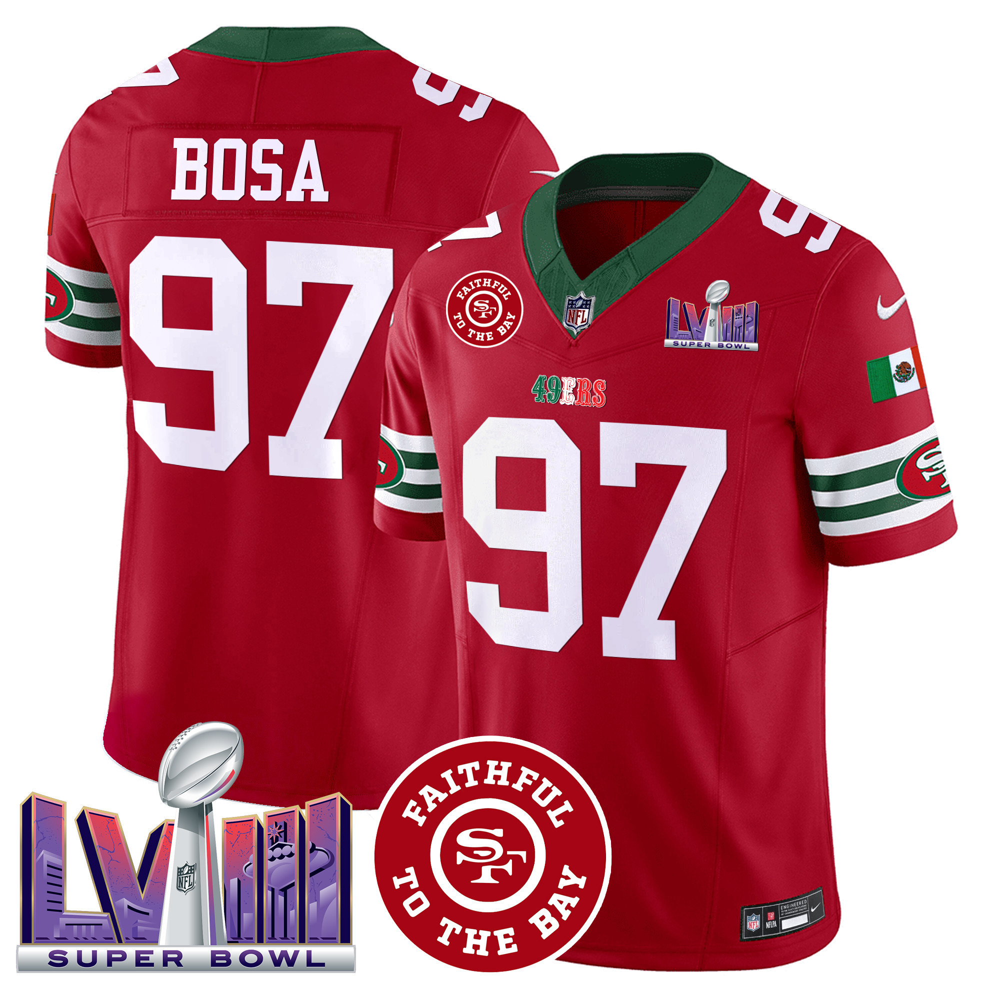 Men's 49ers Mexico Faithful & Super Bowl LVIII Patch Vapor Jersey - All Stitched - Image 17