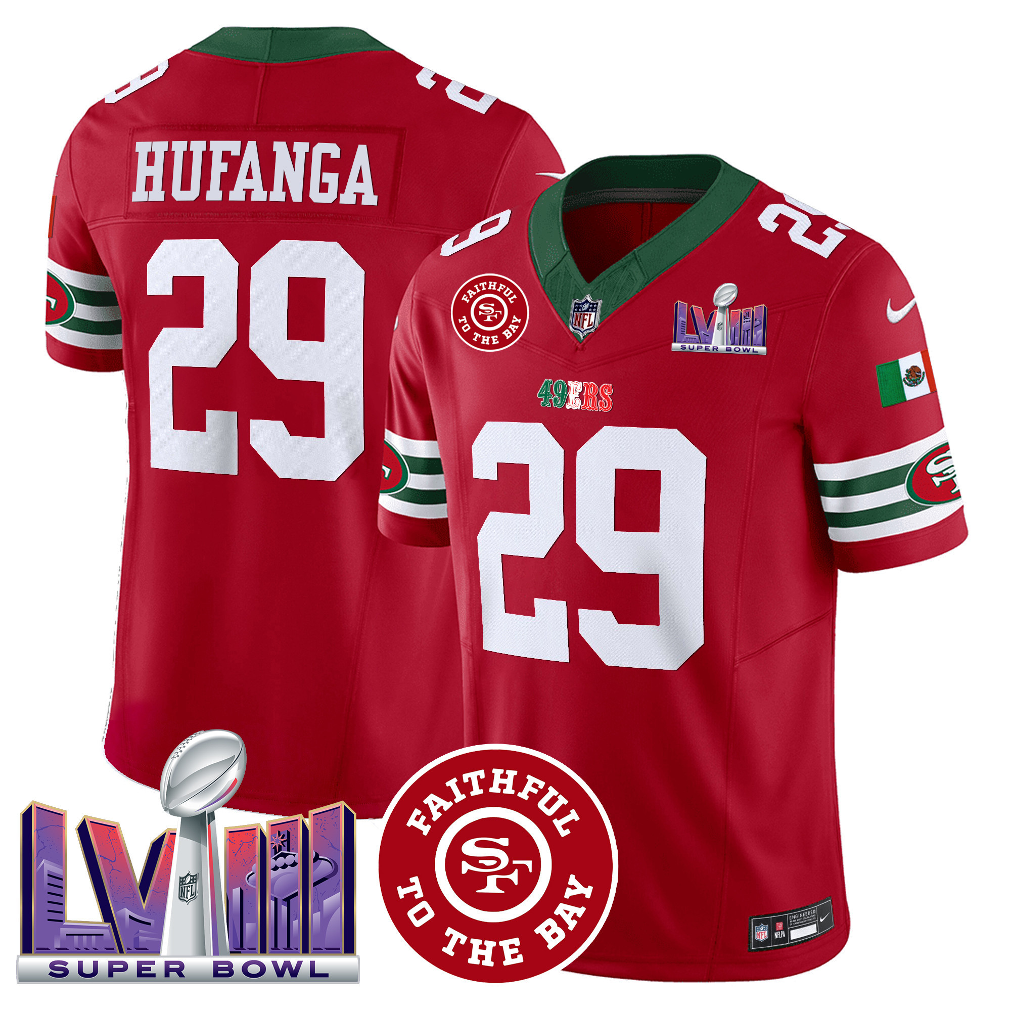 Men's 49ers Mexico Faithful & Super Bowl LVIII Patch Vapor Jersey - All Stitched - Image 20