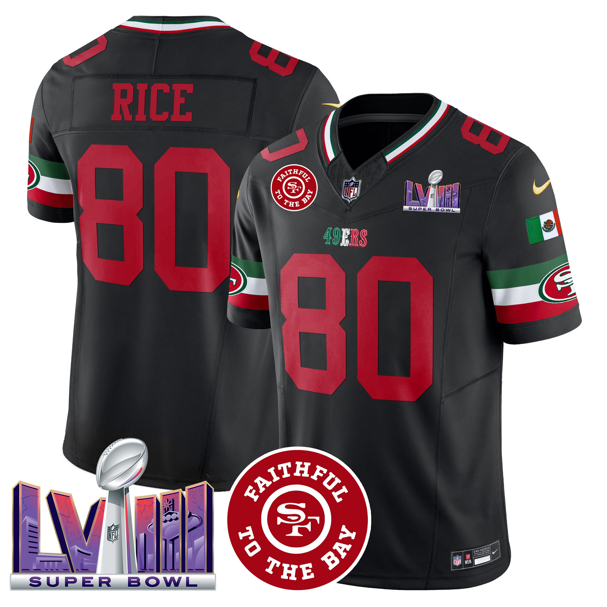 Men's 49ers Mexico Faithful & Super Bowl LVIII Patch Vapor Jersey - All Stitched - Image 26