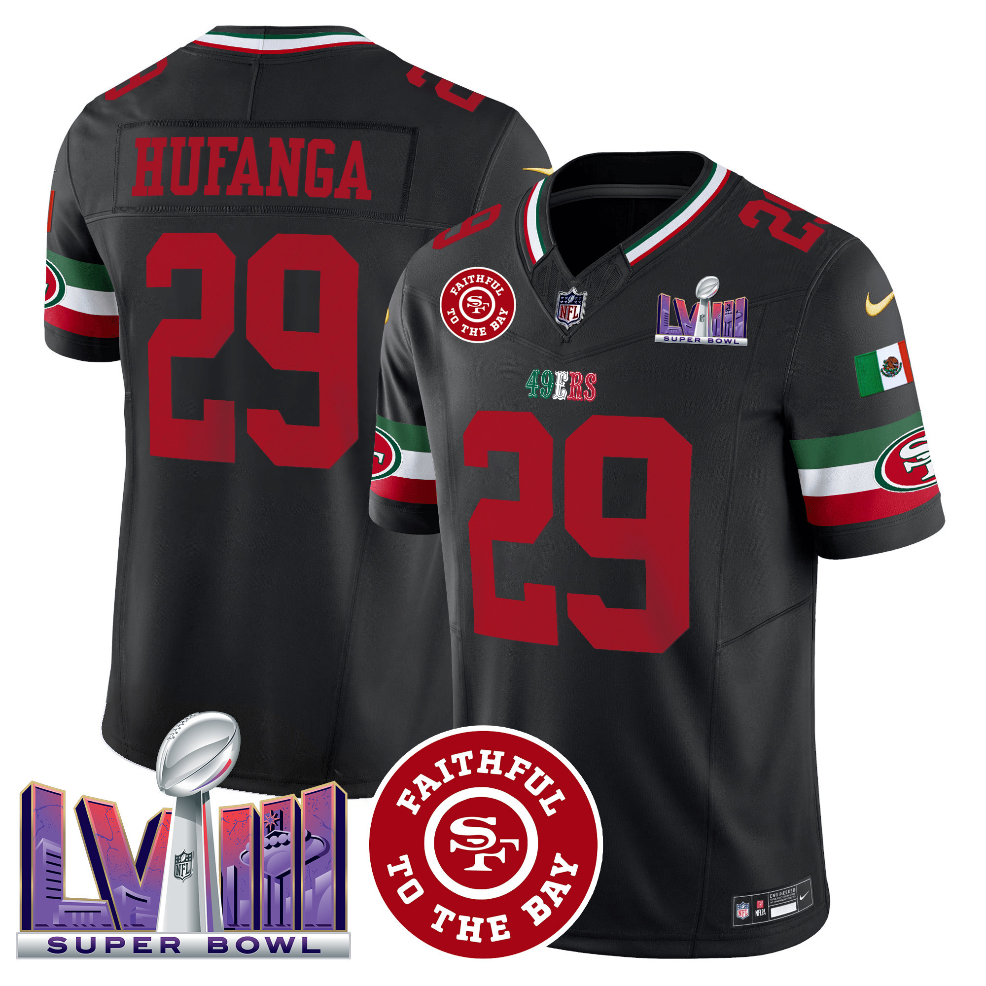 Men's 49ers Mexico Faithful & Super Bowl LVIII Patch Vapor Jersey - All Stitched - Image 30