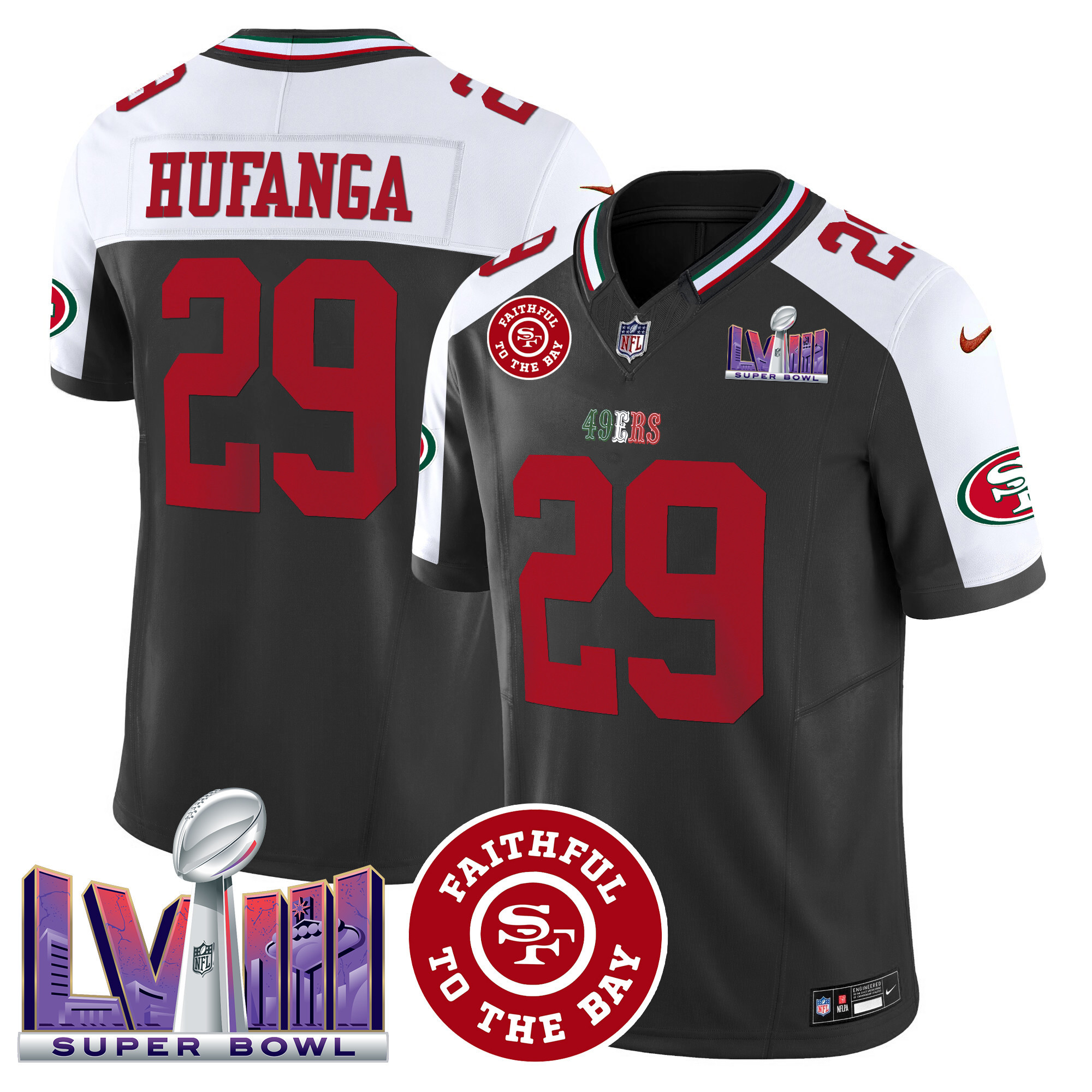 Men's 49ers Mexico Faithful & Super Bowl LVIII Patch Vapor Jersey - All Stitched - Image 40