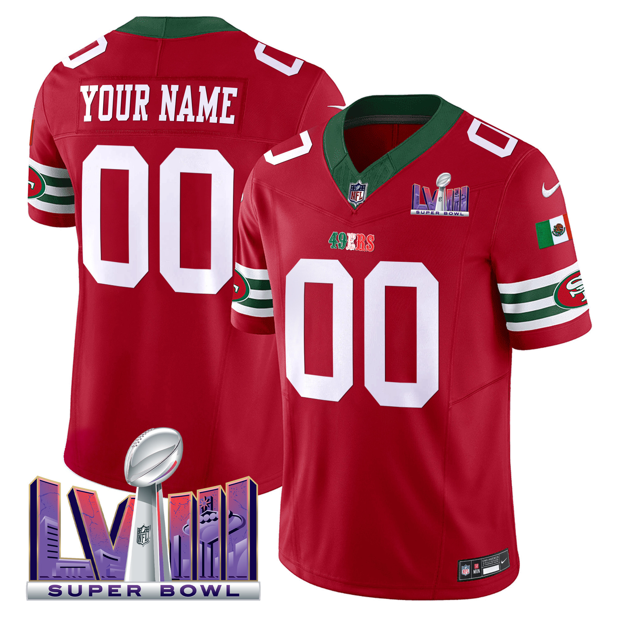 49ers Mexico Super Bowl LVIII Patch Vapor Custom Jersey - All Stitched - Image 2