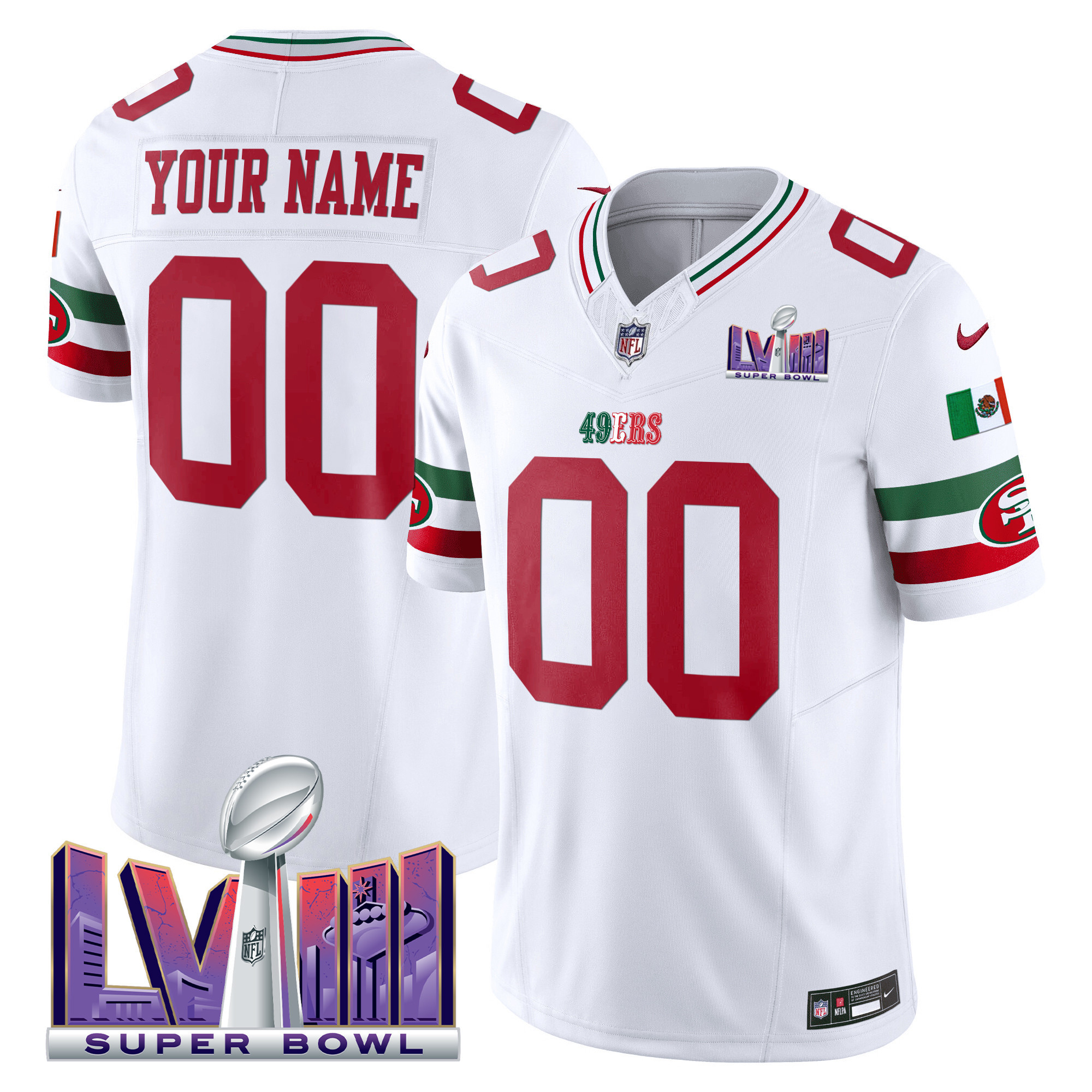 49ers Mexico Super Bowl LVIII Patch Vapor Custom Jersey - All Stitched
