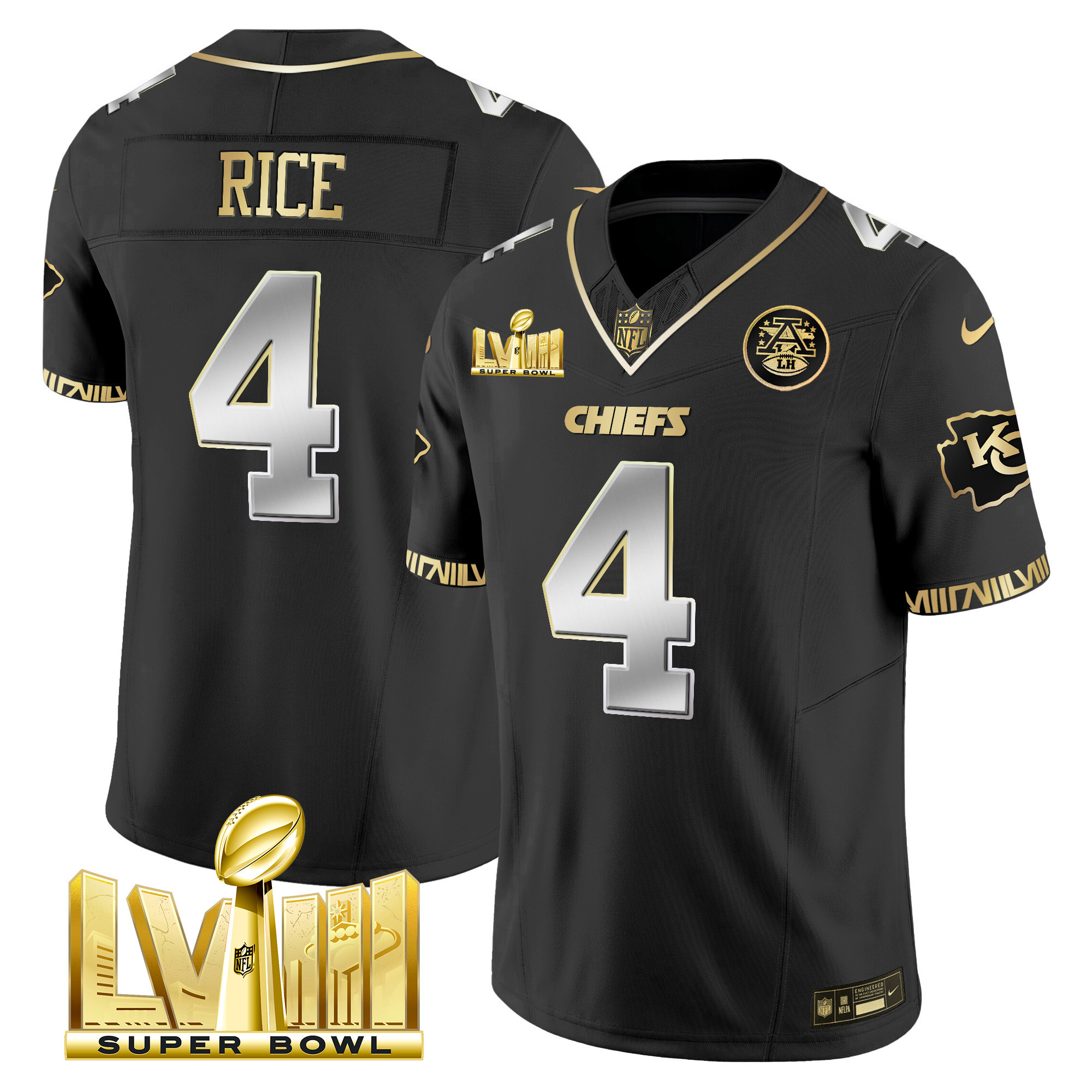 Men's Chiefs Super Bowl LVIII Pattern Gold Vapor Jersey V2 - All Stitched - Image 14