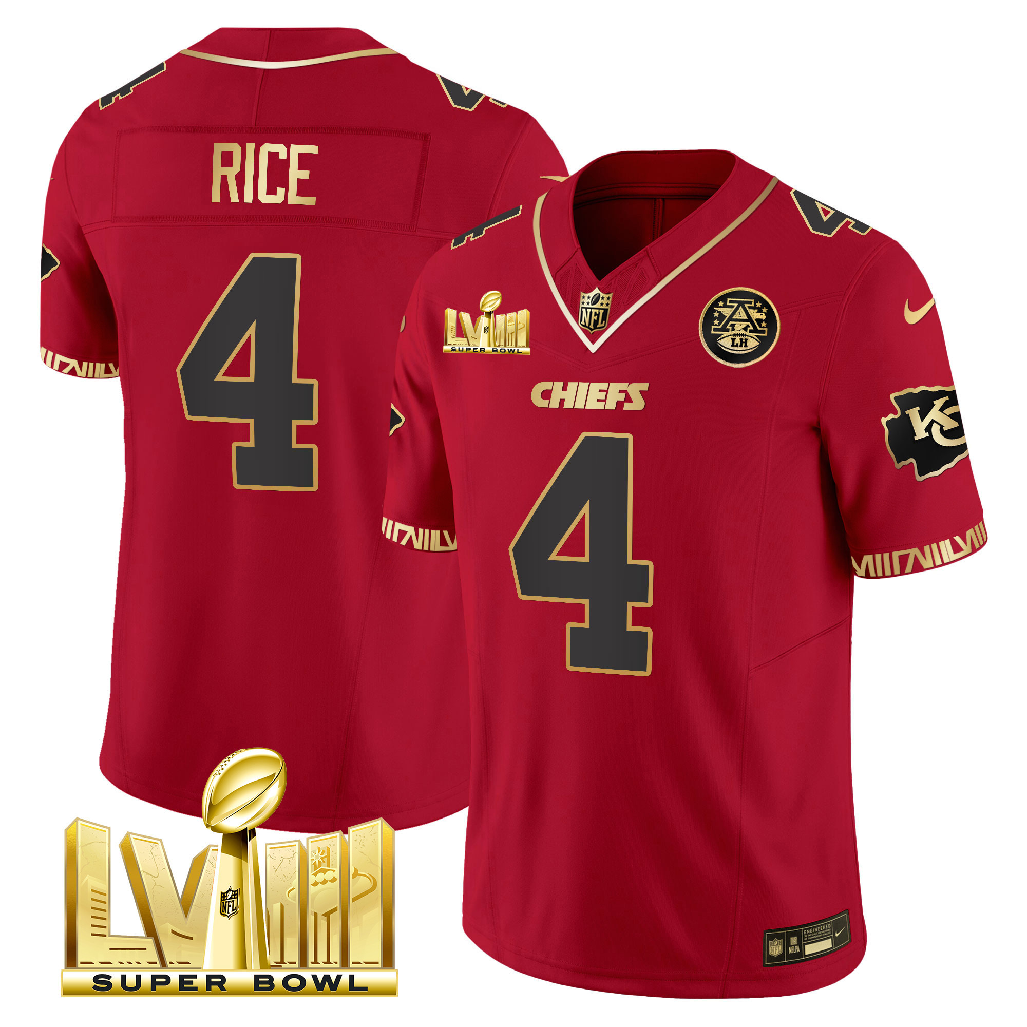 Men's Chiefs Super Bowl LVIII Pattern Gold Vapor Jersey V2 - All Stitched - Image 28