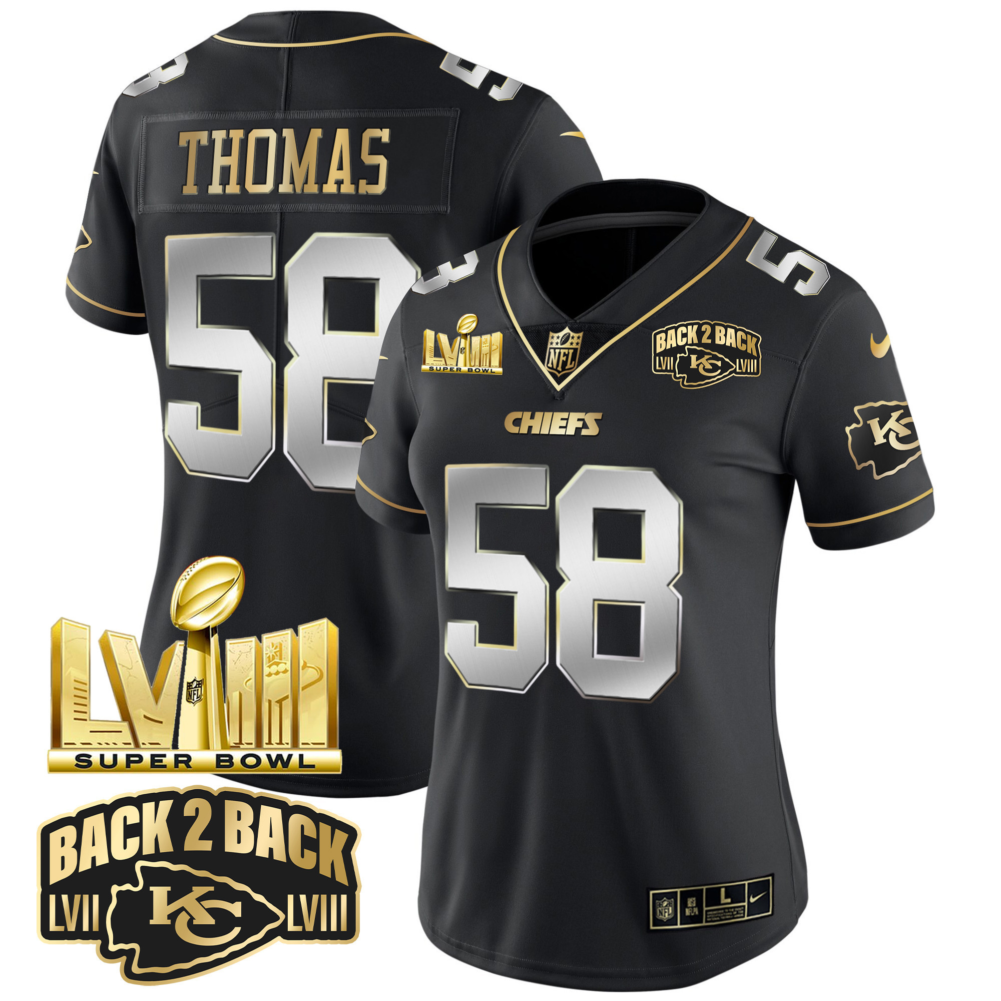 Women's Chiefs Super Bowl LVIII & Back 2 Back Gold Patch Vapor Jersey V2 - All Stitched - Image 3