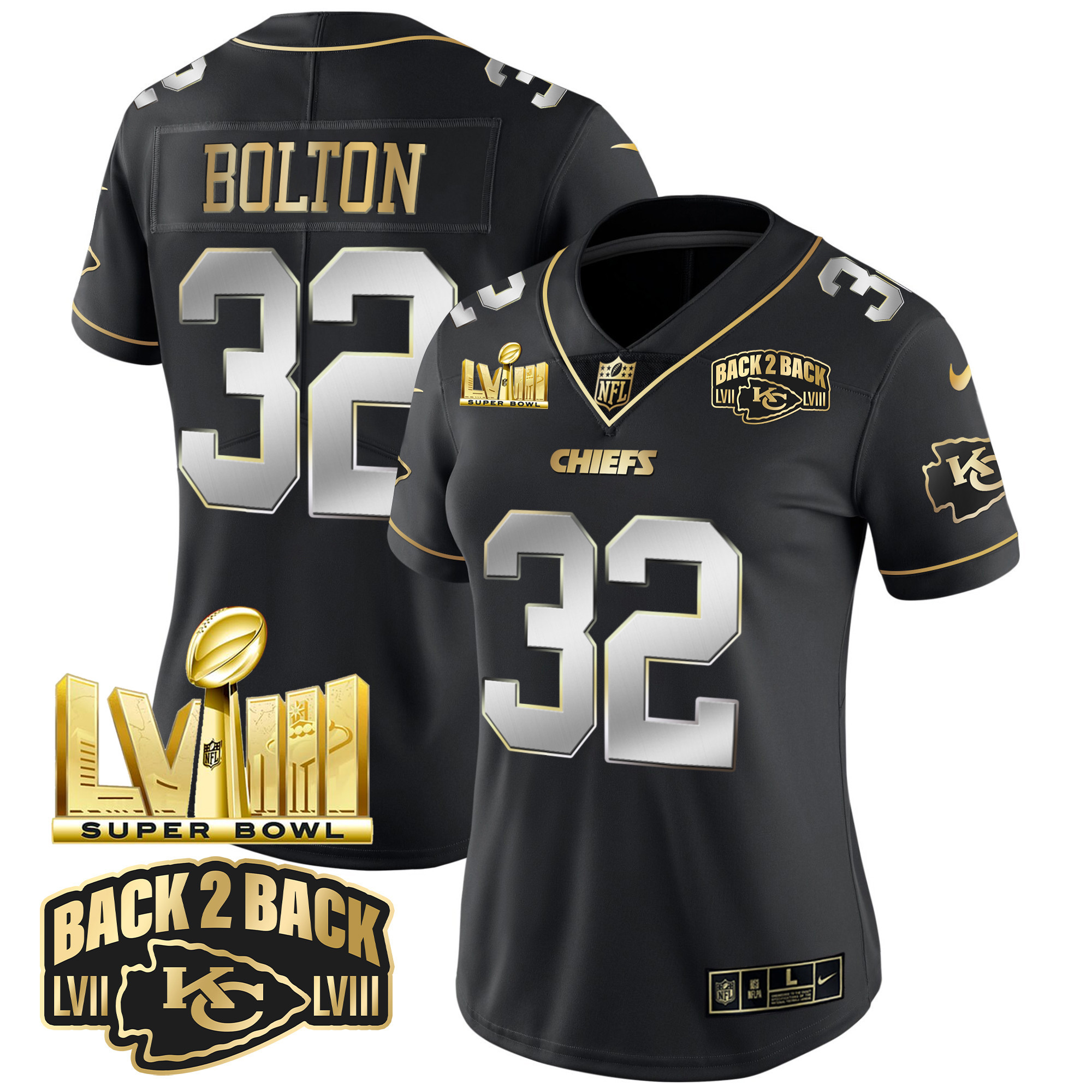 Women's Chiefs Super Bowl LVIII & Back 2 Back Gold Patch Vapor Jersey V2 - All Stitched - Image 6