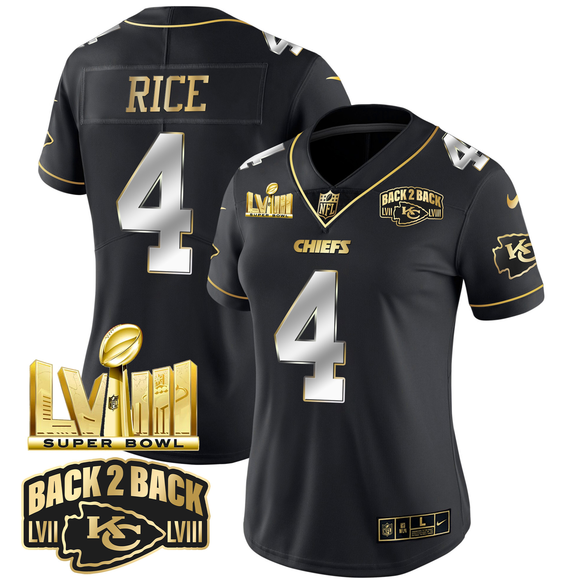 Women's Chiefs Super Bowl LVIII & Back 2 Back Gold Patch Vapor Jersey V2 - All Stitched - Image 7