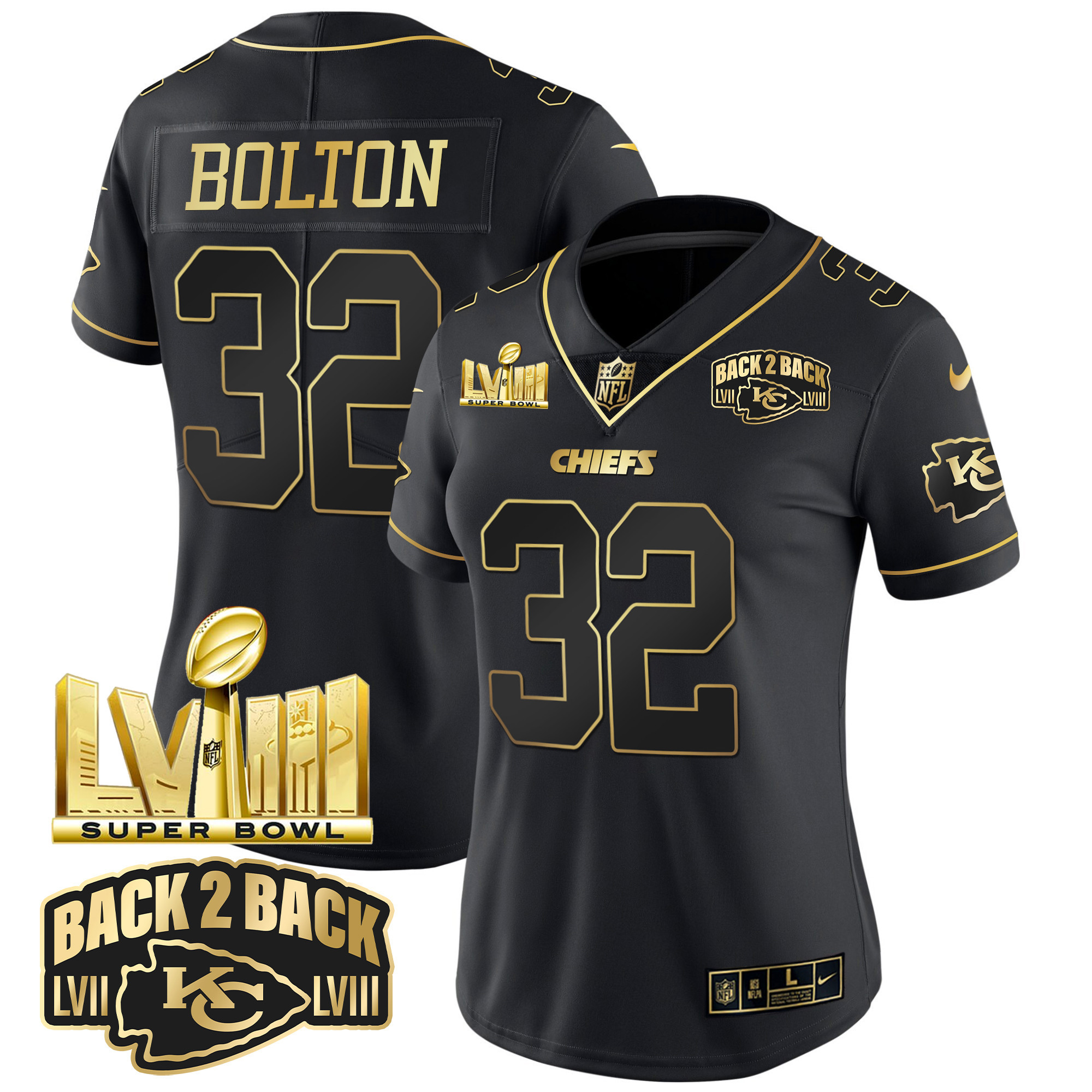 Women's Chiefs Super Bowl LVIII & Back 2 Back Gold Patch Vapor Jersey V2 - All Stitched - Image 14