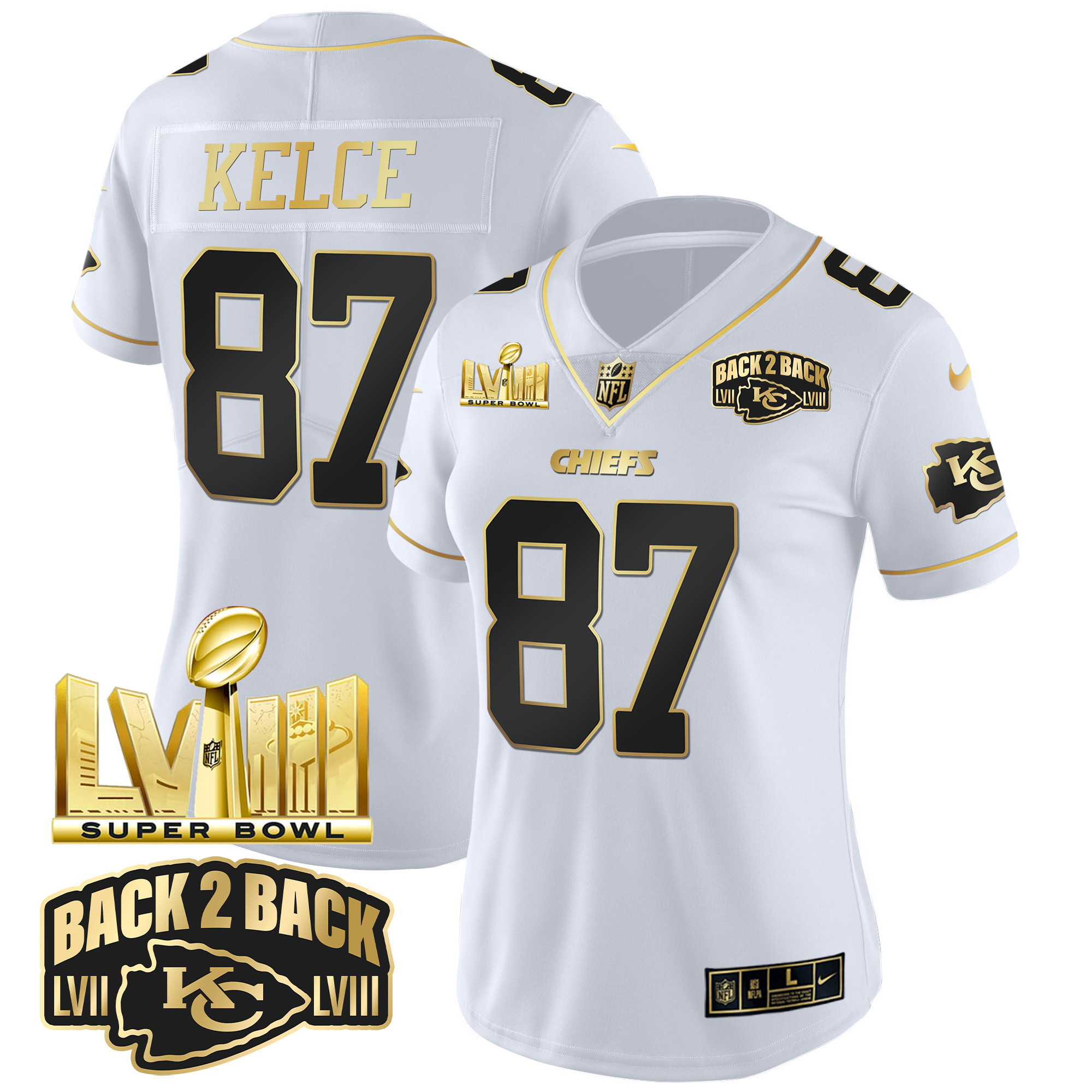 Women's Chiefs Super Bowl LVIII & Back 2 Back Gold Patch Vapor Jersey V2 - All Stitched - Image 18