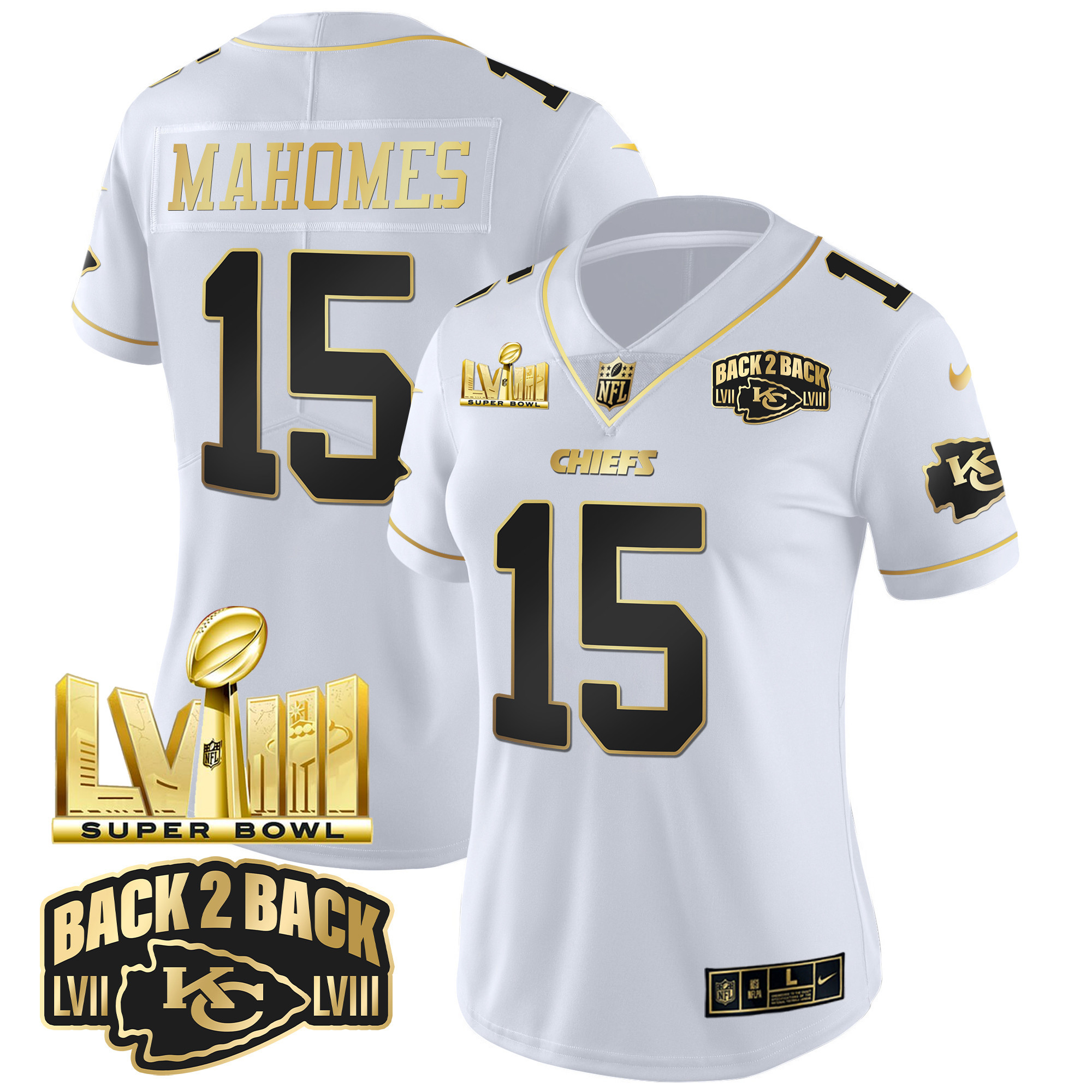 Women's Chiefs Super Bowl LVIII & Back 2 Back Gold Patch Vapor Jersey V2 - All Stitched - Image 17
