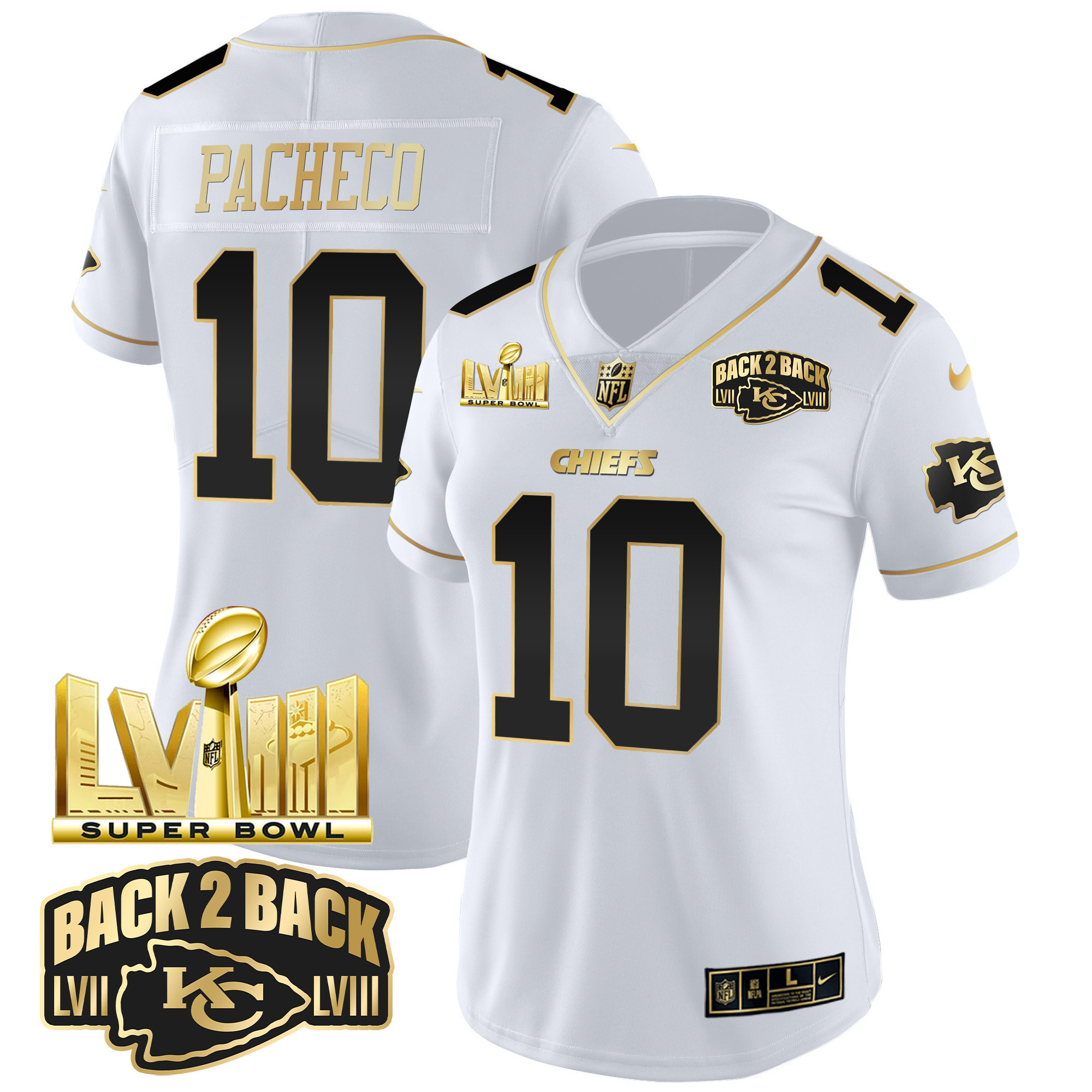 Women's Chiefs Super Bowl LVIII & Back 2 Back Gold Patch Vapor Jersey V2 - All Stitched - Image 20