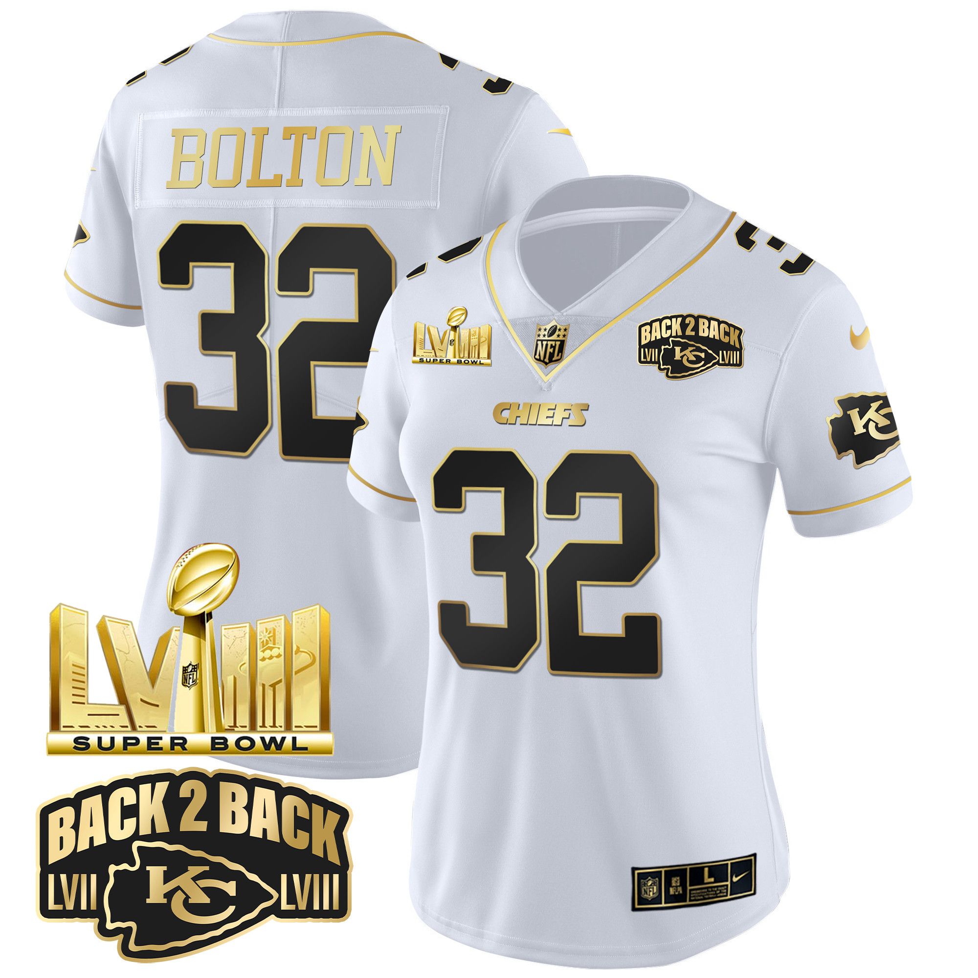Women's Chiefs Super Bowl LVIII & Back 2 Back Gold Patch Vapor Jersey V2 - All Stitched - Image 22