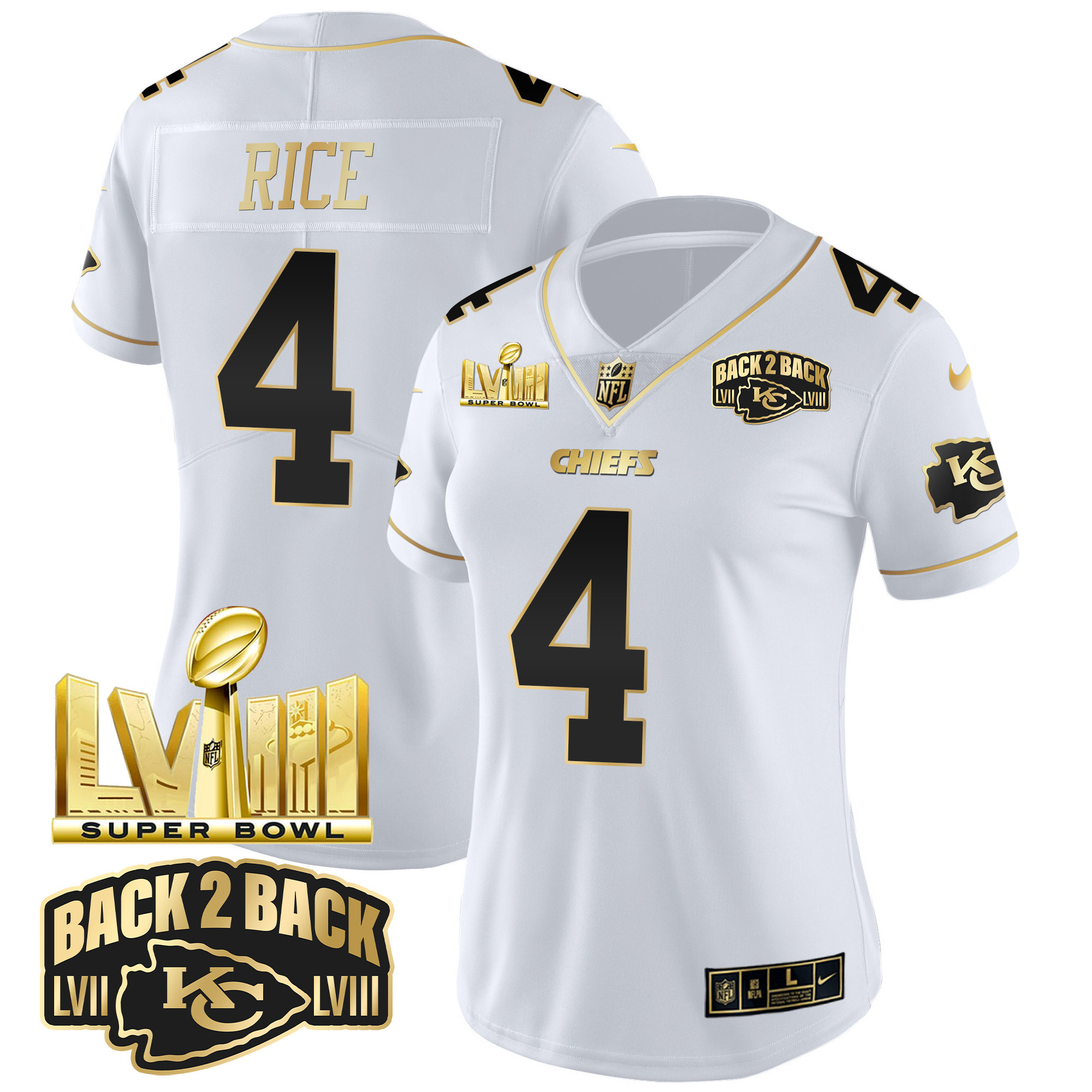 Women's Chiefs Super Bowl LVIII & Back 2 Back Gold Patch Vapor Jersey V2 - All Stitched - Image 23