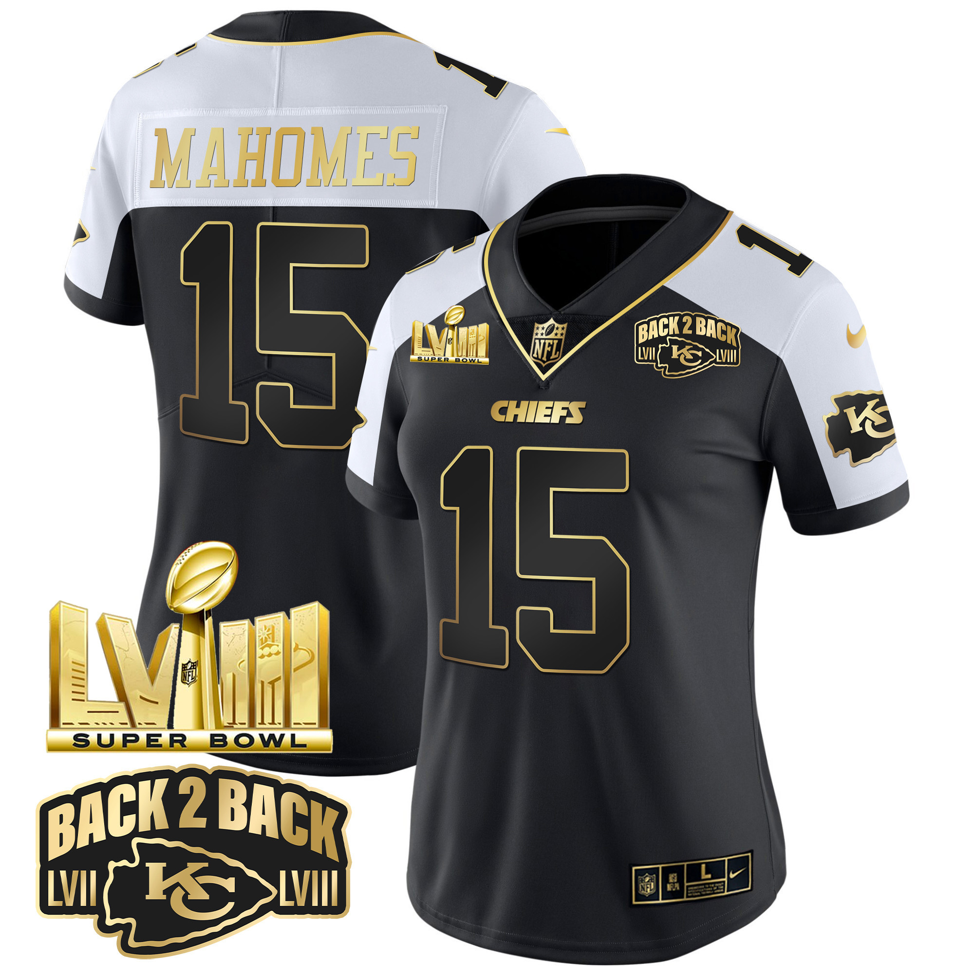 Women's Chiefs Super Bowl LVIII & Back 2 Back Gold Patch Vapor Jersey V2 - All Stitched - Image 25