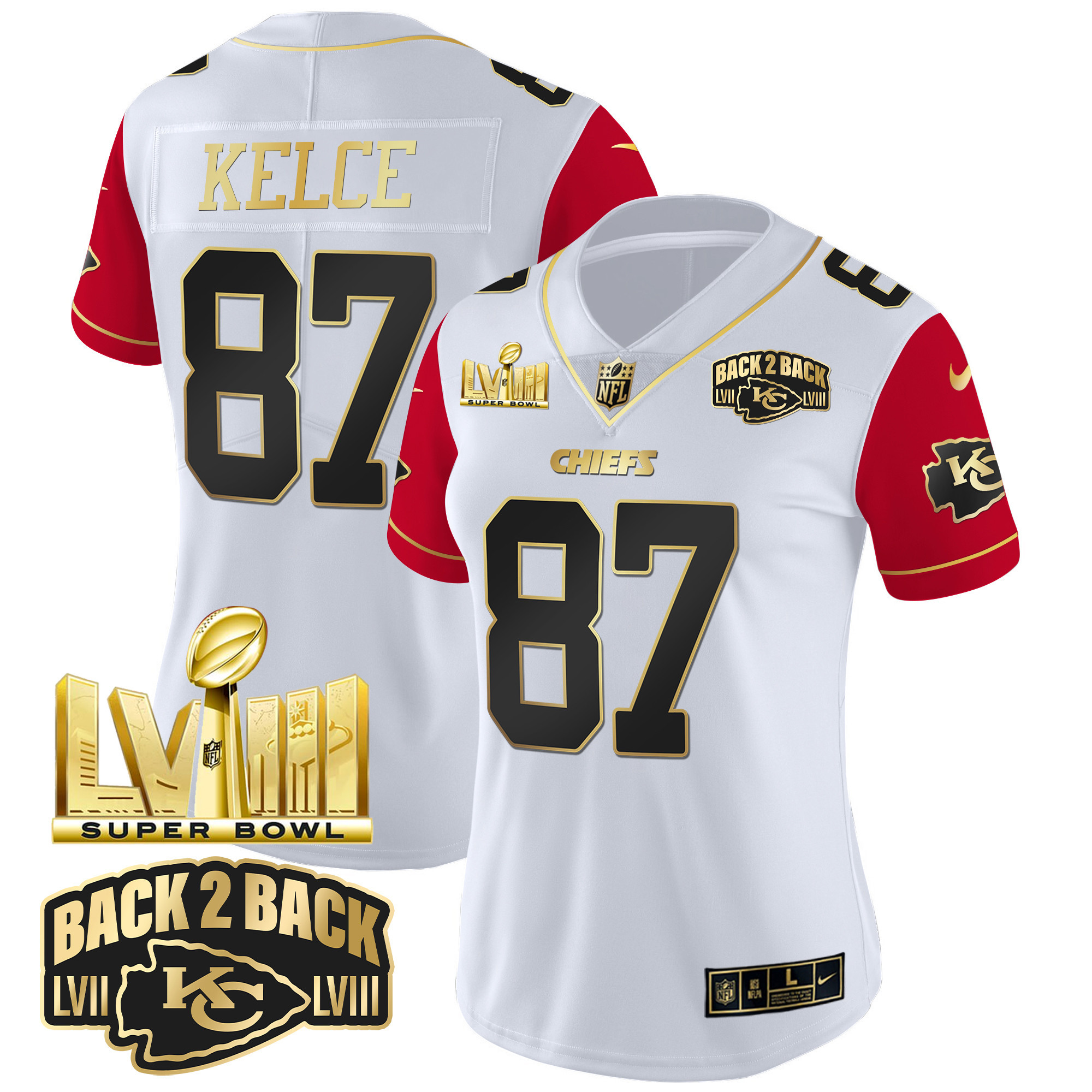 Women's Chiefs Super Bowl LVIII & Back 2 Back Gold Patch Vapor Jersey V2 - All Stitched - Image 42