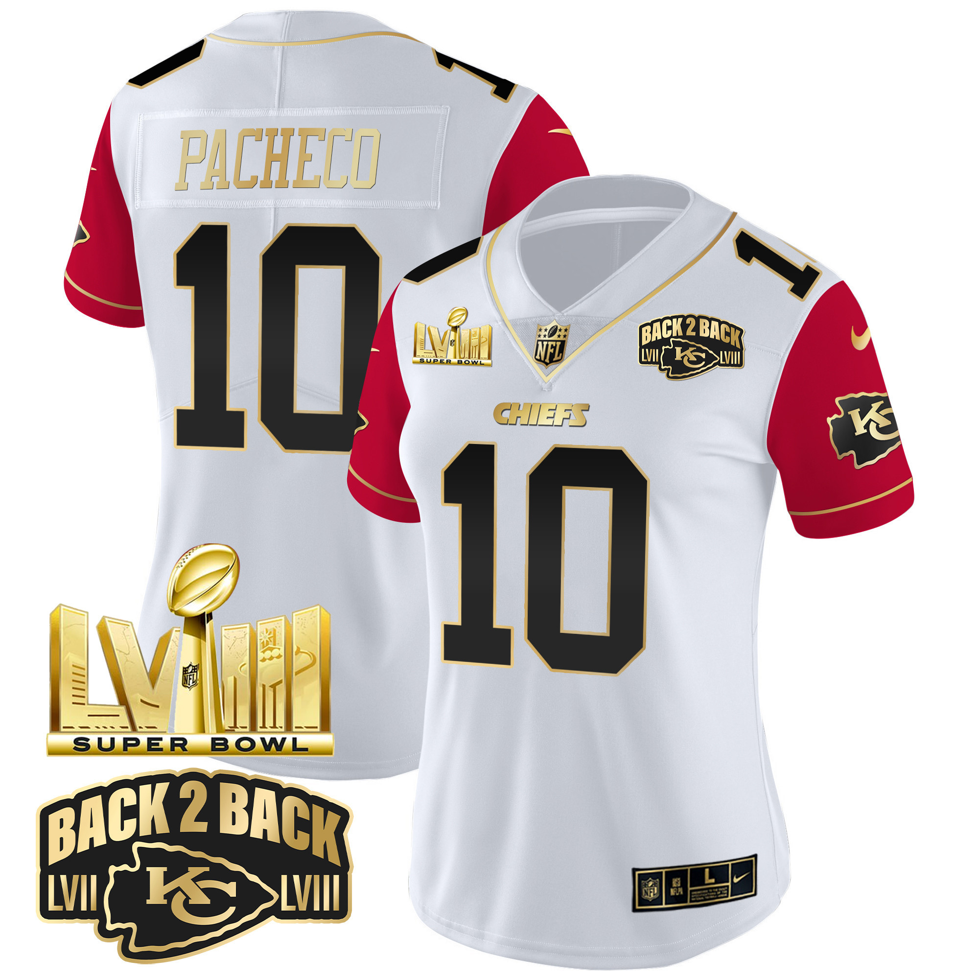 Women's Chiefs Super Bowl LVIII & Back 2 Back Gold Patch Vapor Jersey V2 - All Stitched - Image 44