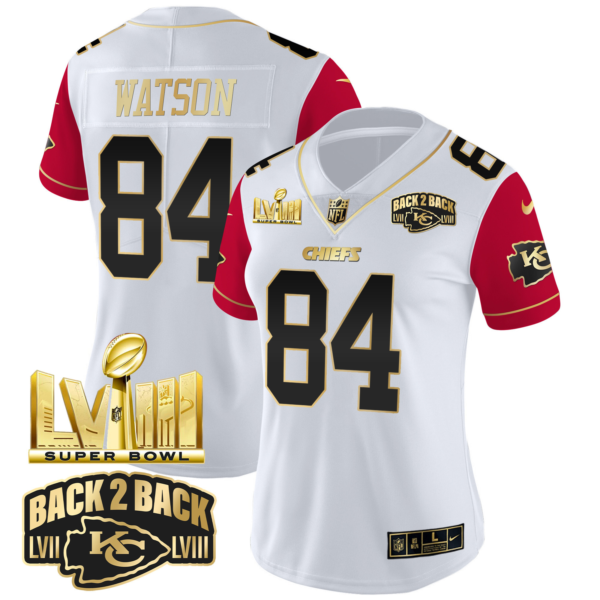 Women's Chiefs Super Bowl LVIII & Back 2 Back Gold Patch Vapor Jersey V2 - All Stitched - Image 45