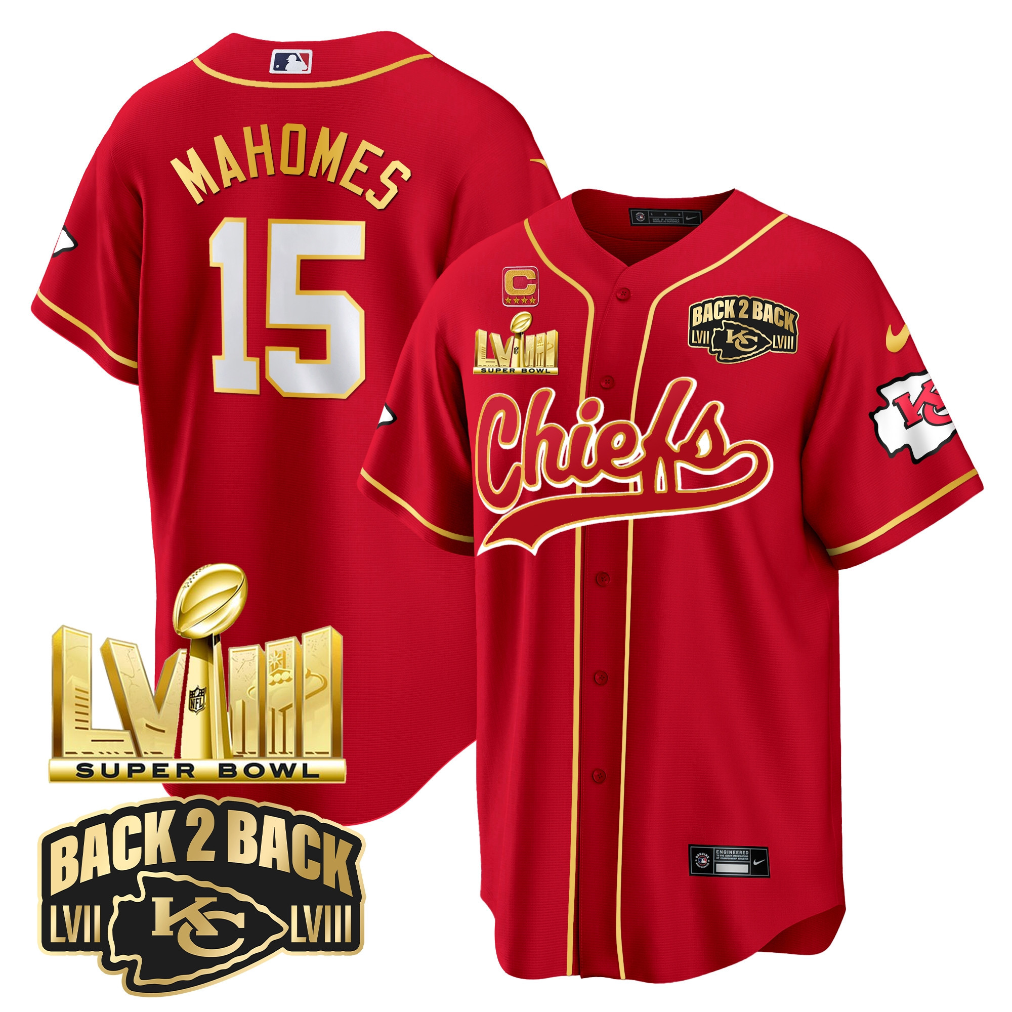 Men's Chiefs Super Bowl LVIII & Back 2 Back Gold Patch Baseball Jersey - All Stitched