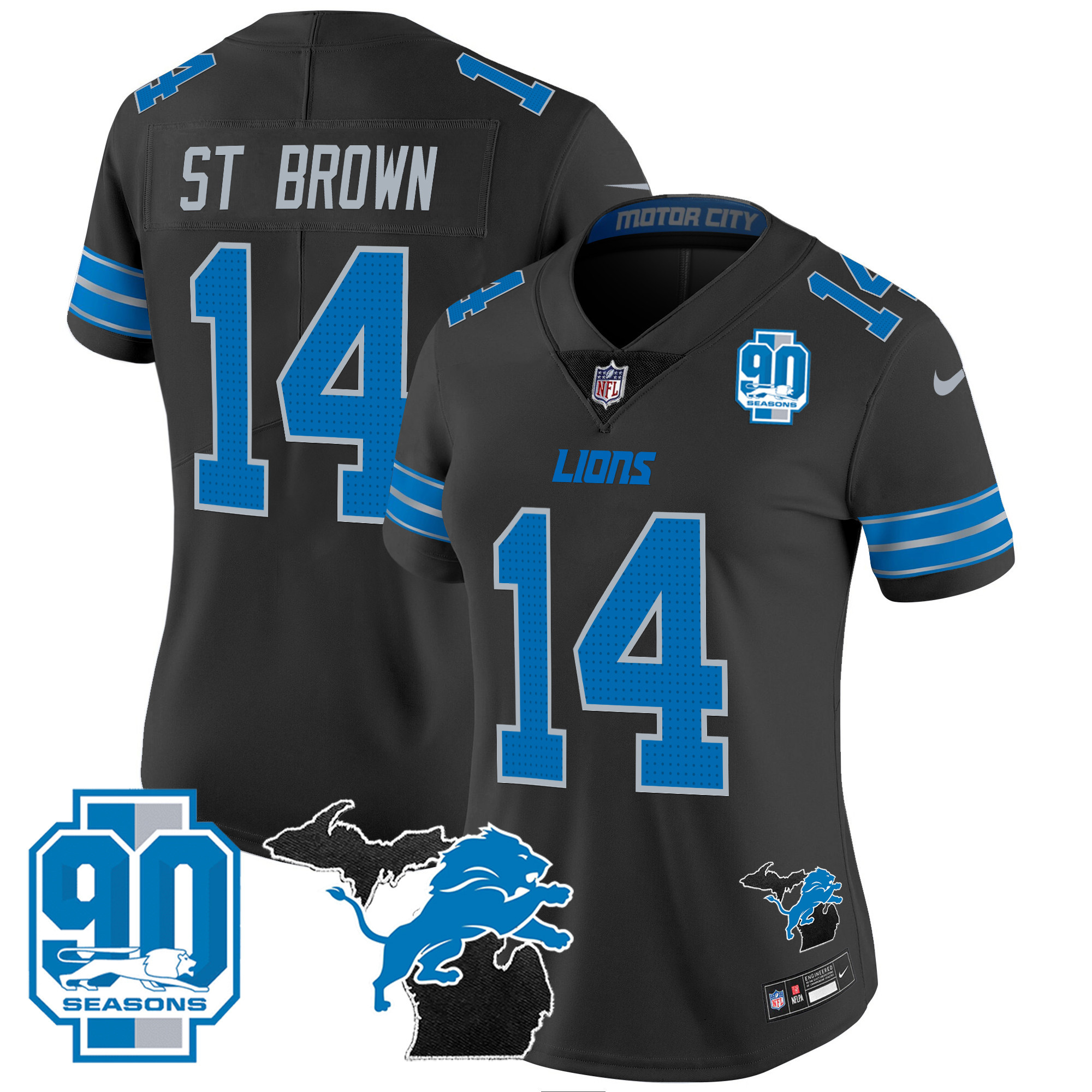 Women's Detroit Lions 2024 Michigan & 90th Year Patch Vapor Jersey - All Stitched - Image 10