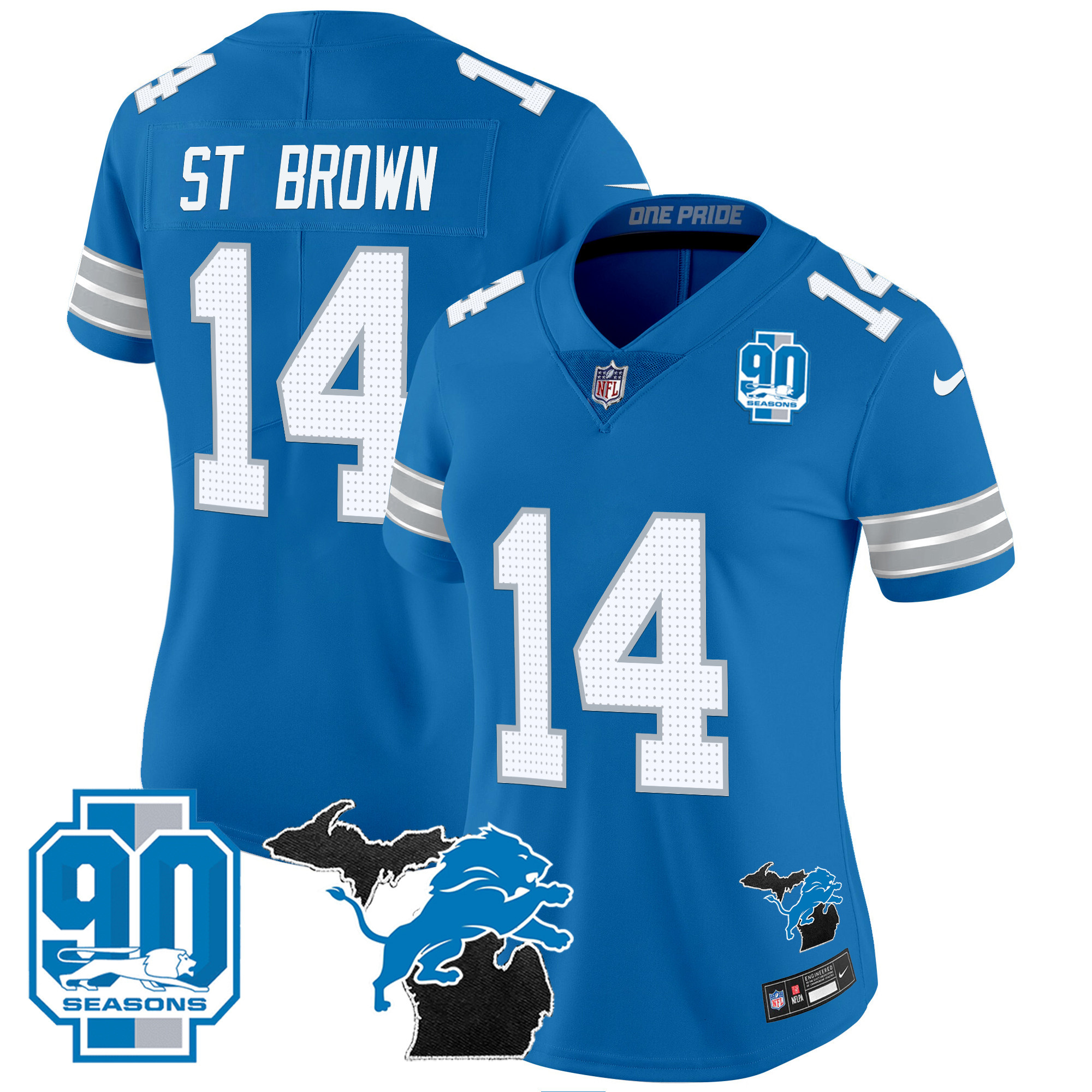 Women's Detroit Lions 2024 Michigan & 90th Year Patch Vapor Jersey - All Stitched - Image 24