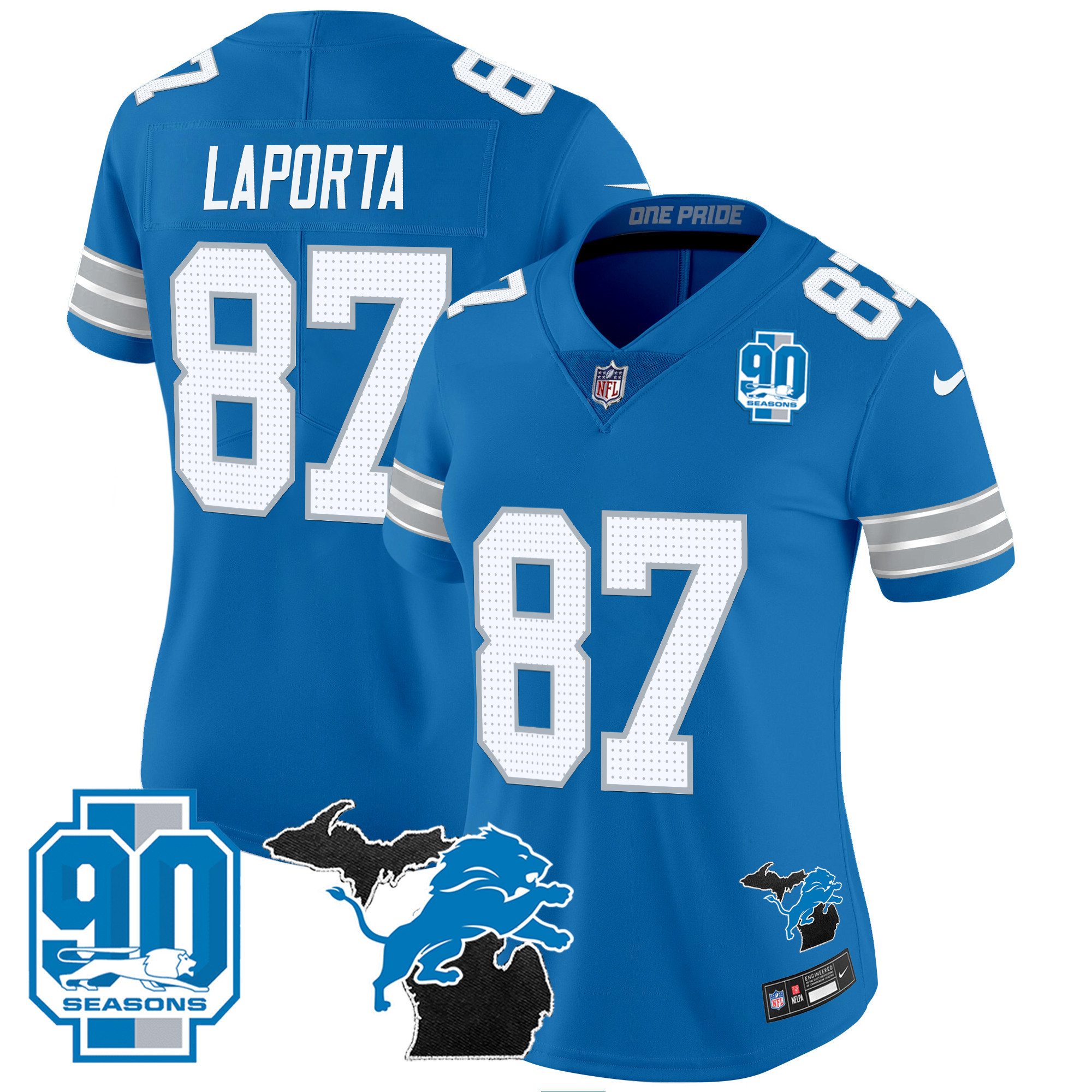 Women's Detroit Lions 2024 Michigan & 90th Year Patch Vapor Jersey - All Stitched - Image 27
