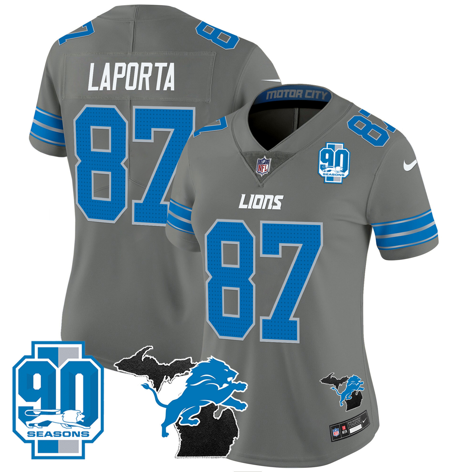 Women's Detroit Lions 2024 Michigan & 90th Year Patch Vapor Jersey - All Stitched - Image 34