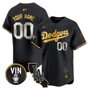 Dodgers Vin & California Patch Gold Trim Vapor Premier Limited Custom Jersey - All Stitched