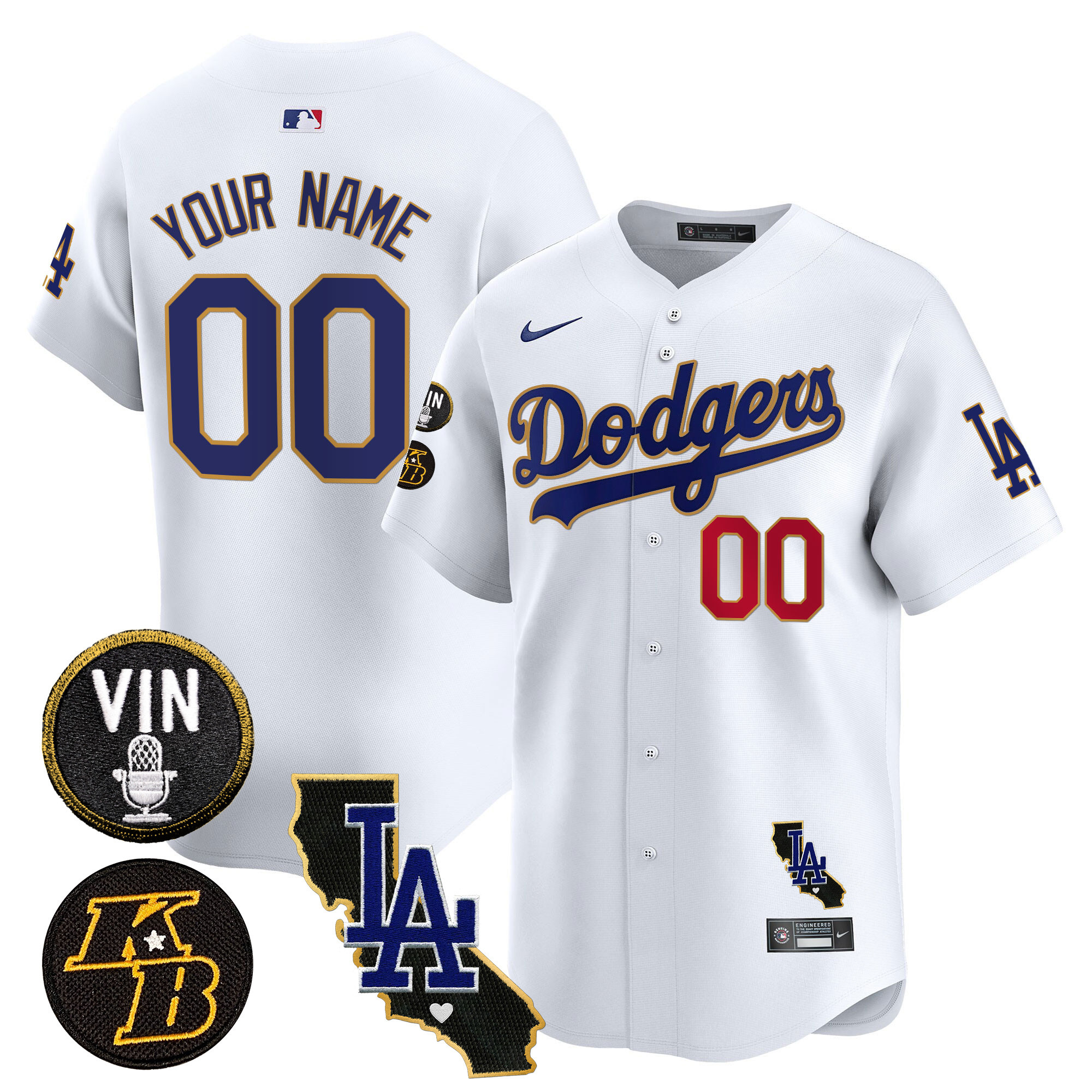 Dodgers Vin Patch & Kobe Bryant Gold Trim Vapor Premier Limited Custom Jersey V2 - All Stitched - Image 3