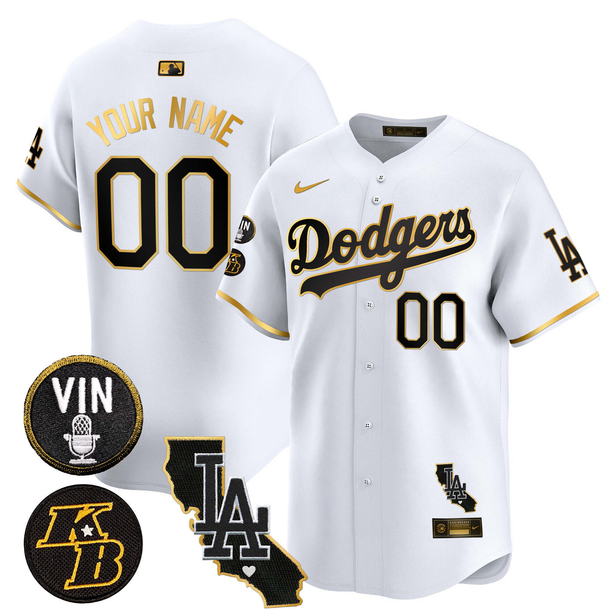 Dodgers Vin Patch & Kobe Bryant Gold Trim Vapor Premier Limited Custom Jersey V2 - All Stitched - Image 2