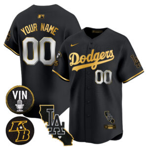 Dodgers Vin Patch & Kobe Bryant Gold Trim Vapor Premier Limited Custom Jersey V2 - All Stitched