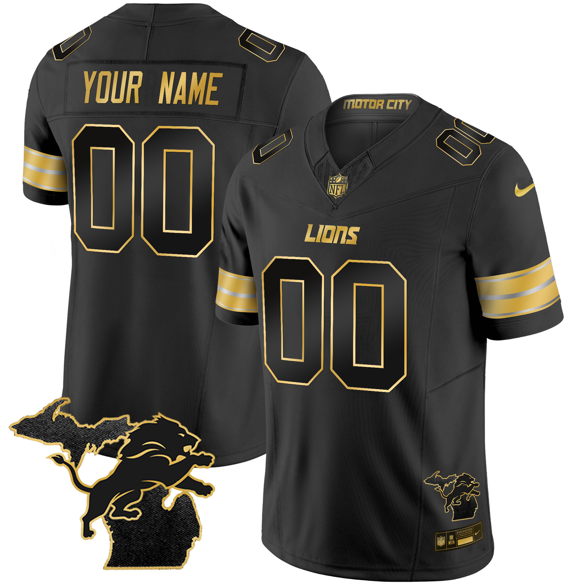 Detroit Lions 2024 Michigan Patch Gold Vapor Custom Jersey - All Stitched - Image 3