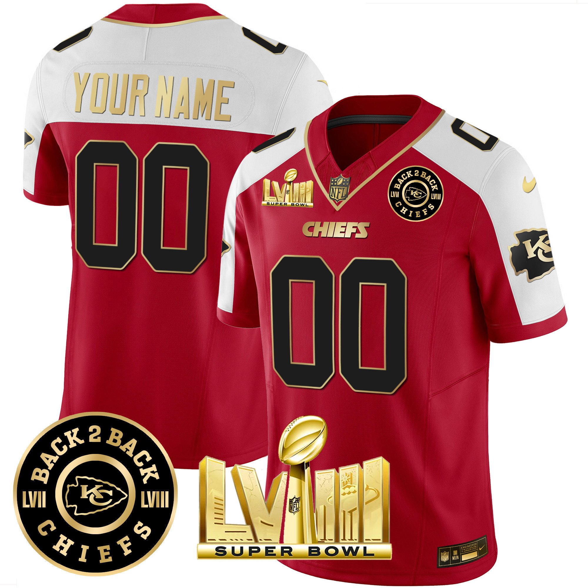 Chiefs Super Bowl LVIII & Back 2 Back Gold Patch Vapor Custom Jersey V3 - All Stitched - Image 2