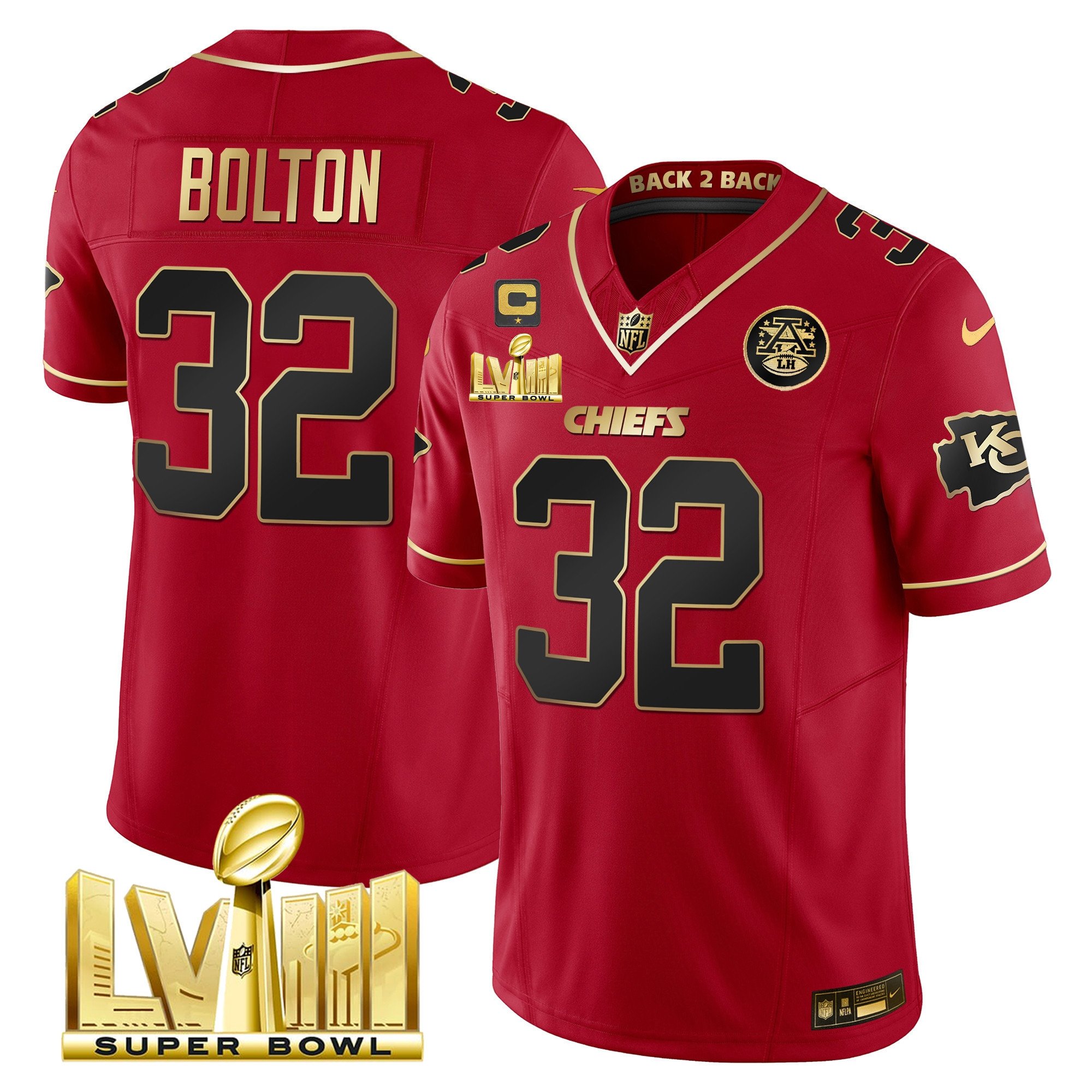 Men's Chiefs Super Bowl LVIII & Back 2 Back Gold Patch Vapor Jersey V5 - All Stitched - Image 48
