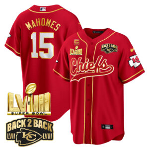 Men's Chiefs Super Bowl LVIII & Back 2 Back Gold Patch Baseball Jersey - All Stitched