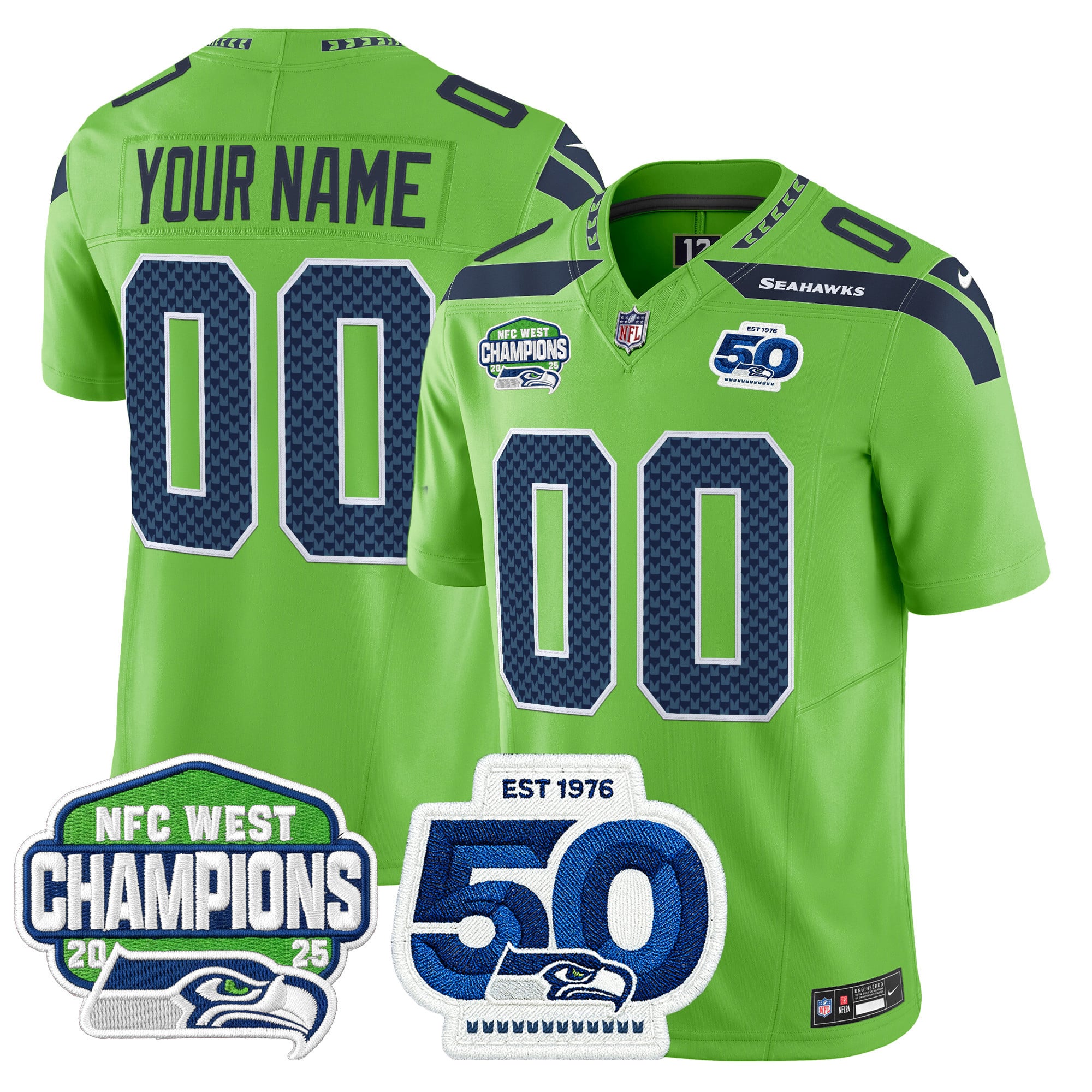Seattle Seahawks 2025 NFC West Division Champions & 50th Anniversary Patch Vapor Limited Custom Jersey - All Stitched